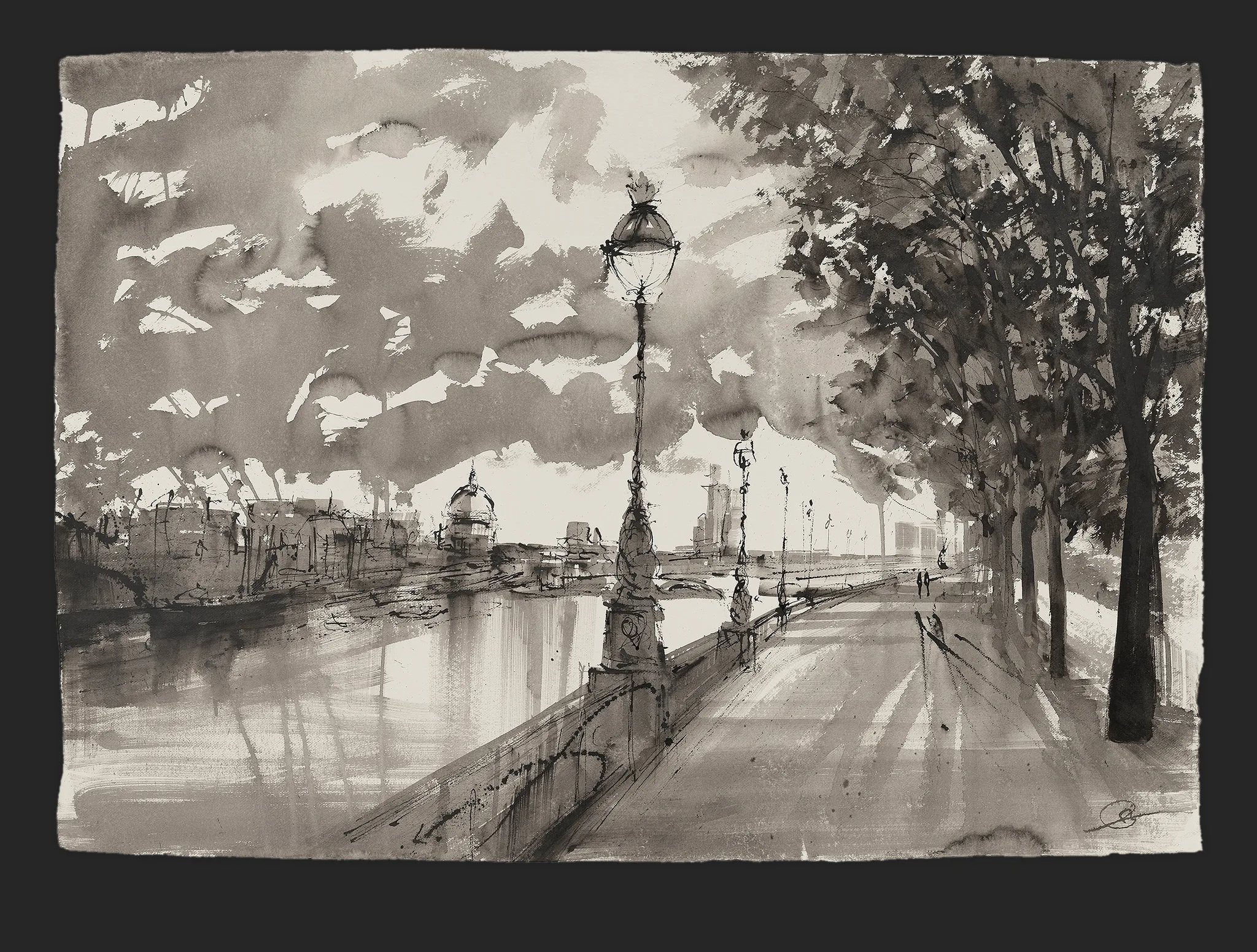 Clouds Over Southbank, an original ink painting by Paul Kenton: a grey, monochrome Thames-side promenade in London beneath a turbulent sky, with an ornate lamp post and tree-lined path.