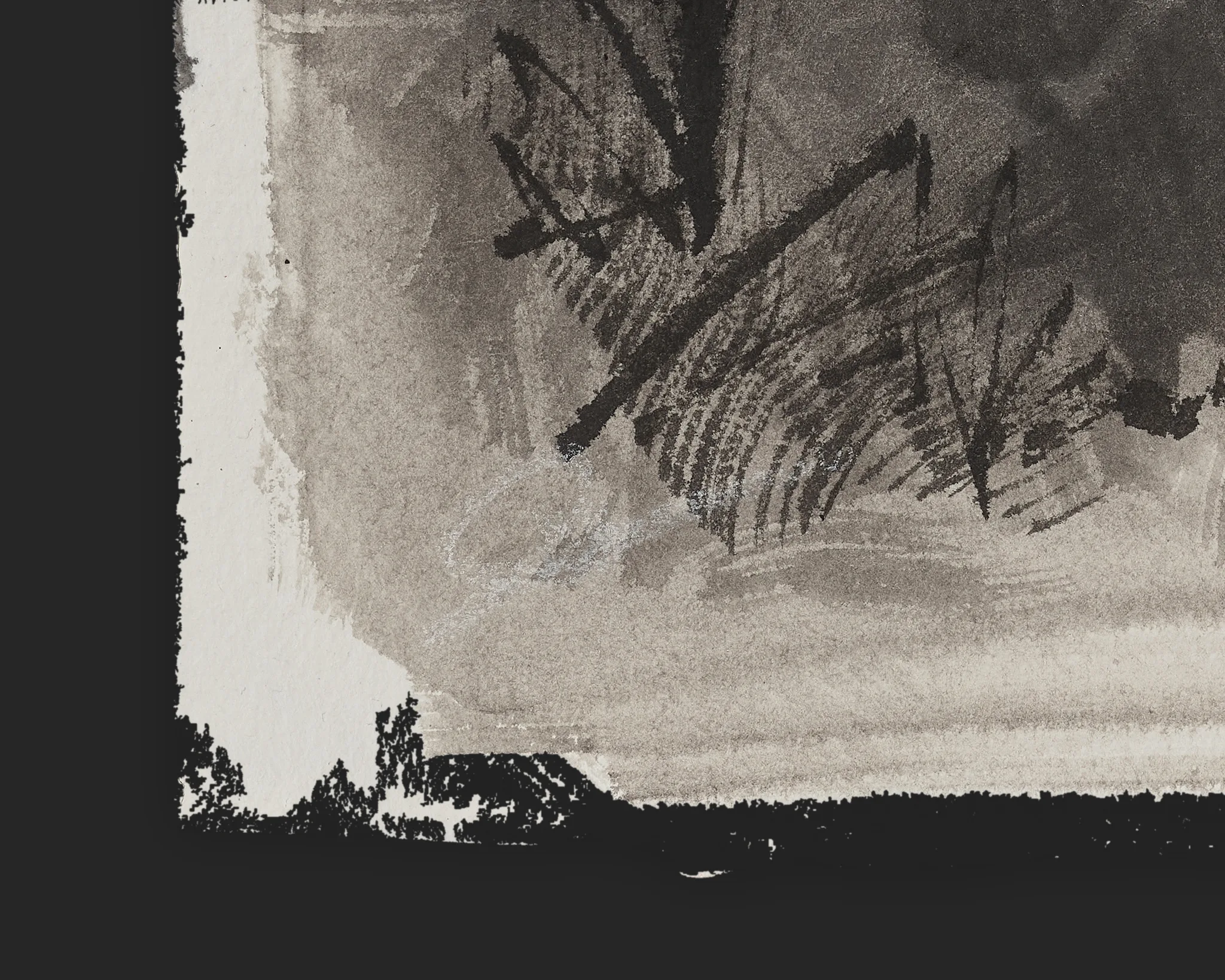 Close-up of Beneath the Palms, an original ink painting by Paul Kenton: grey wash and dark ink strokes suggest palm fronds above a shadowed ground.