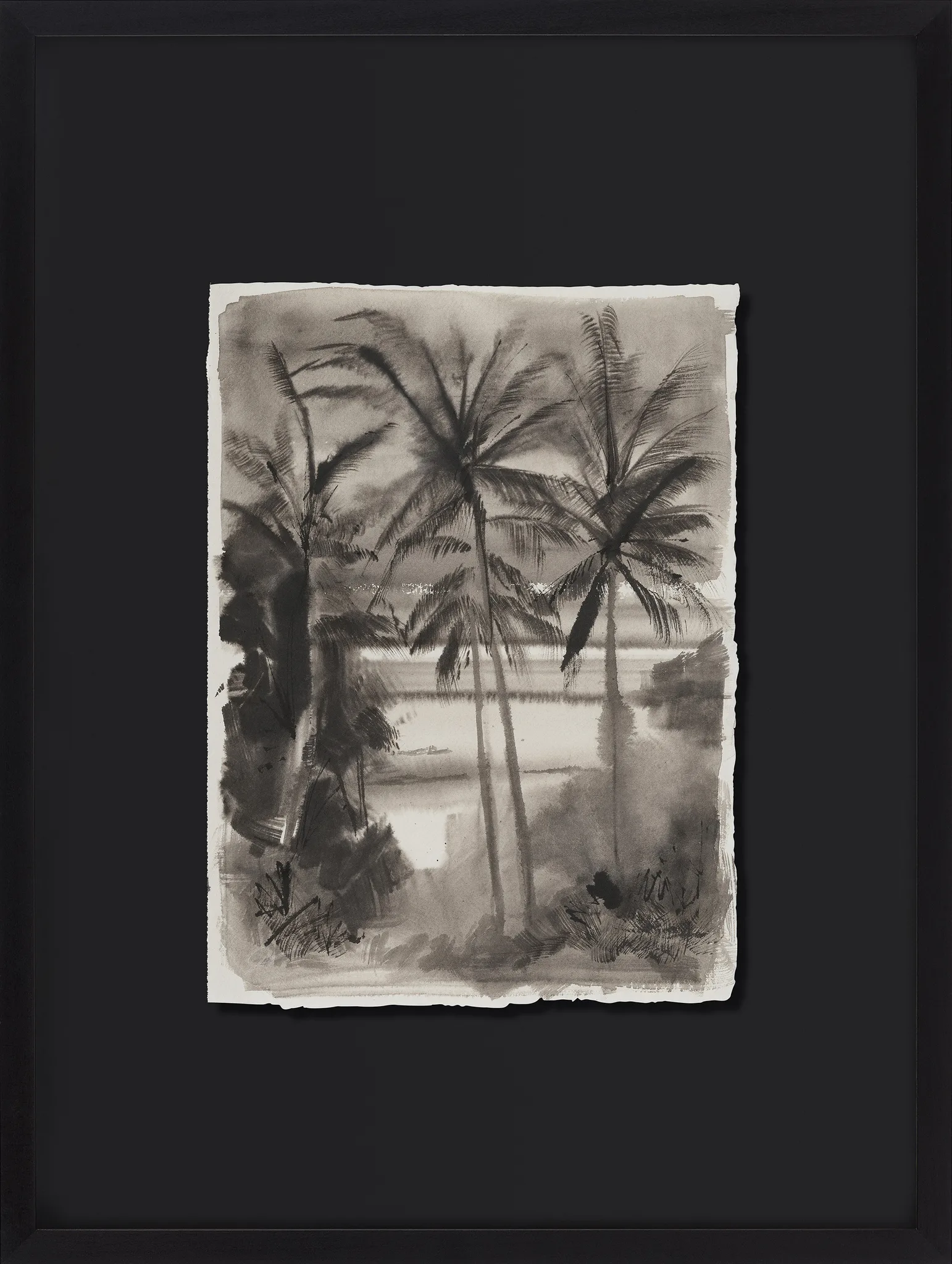 Beneath the Palms, an original ink painting by Paul Kenton on Indian paper, shown in a black frame: monochrome grey palm trees against a pale misty sea and shoreline.