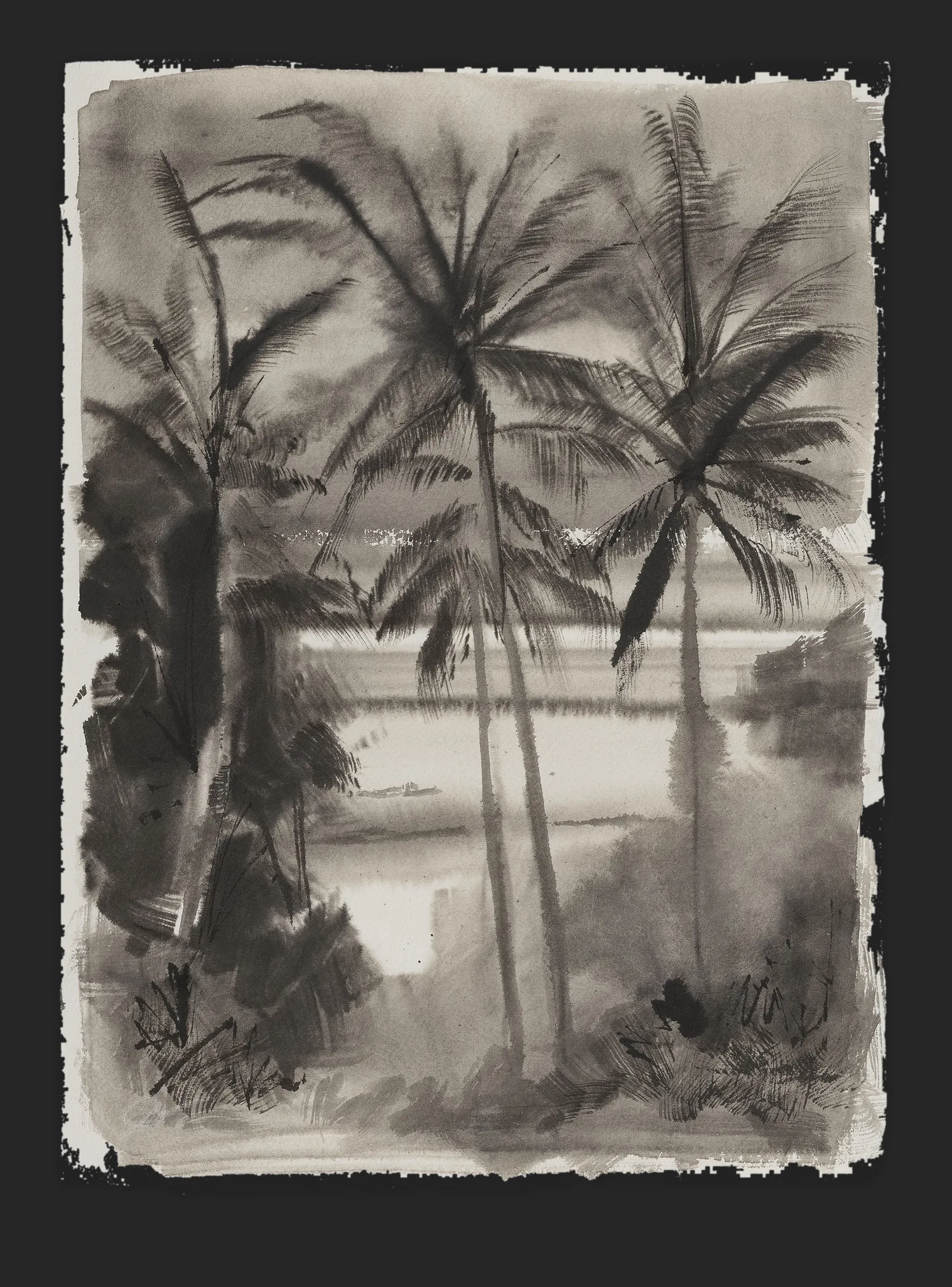 Beneath the Palms, an original ink painting by Paul Kenton: tall palm trees in dark grey wash silhouette against a pale, still lagoon at dusk, with soft monochrome tones.