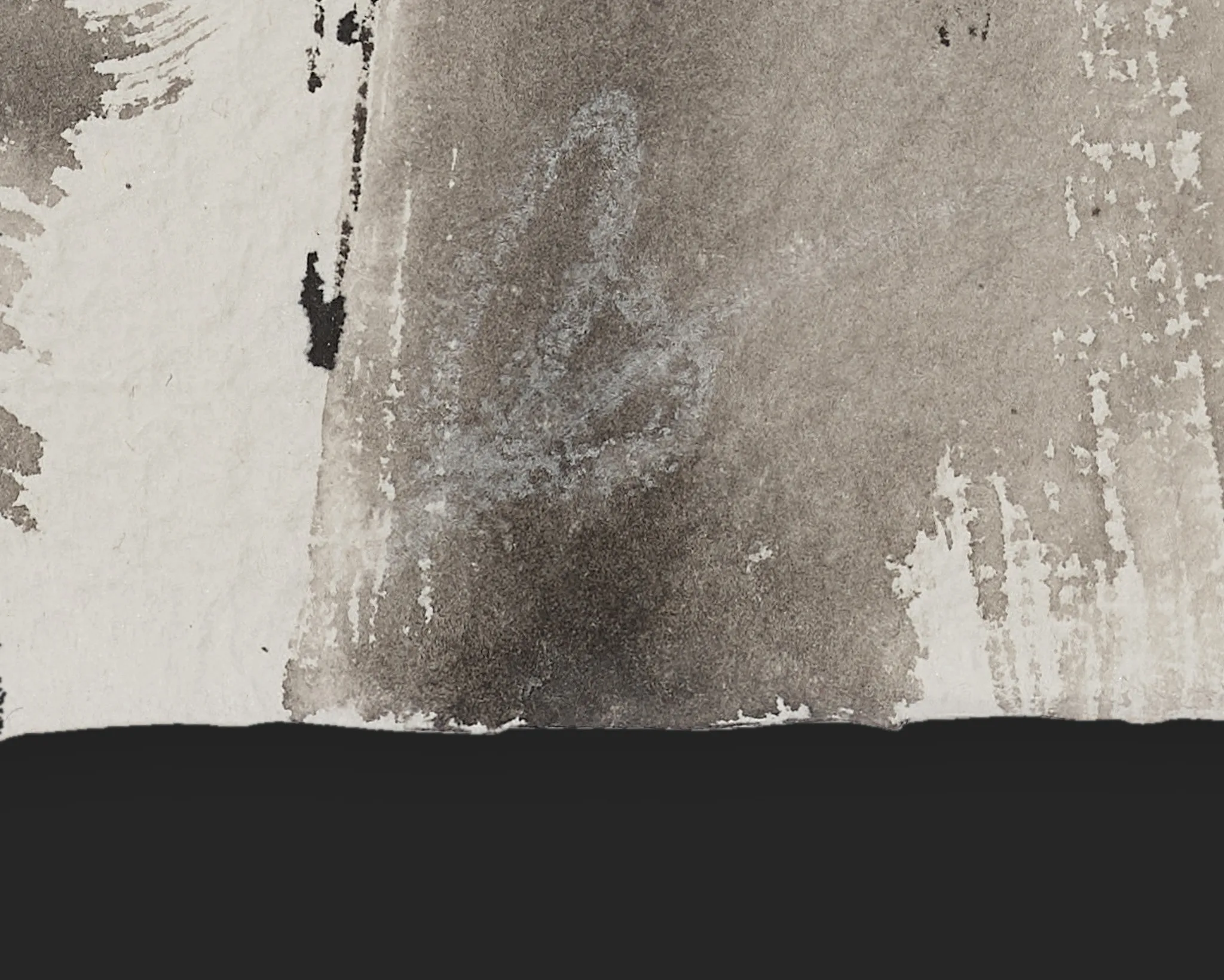 Close-up detail of Monochrome Manhattan, an original ink painting on Indian paper by Paul Kenton, showing grey and white washes, a faint pale outline and scraped, worn texture.