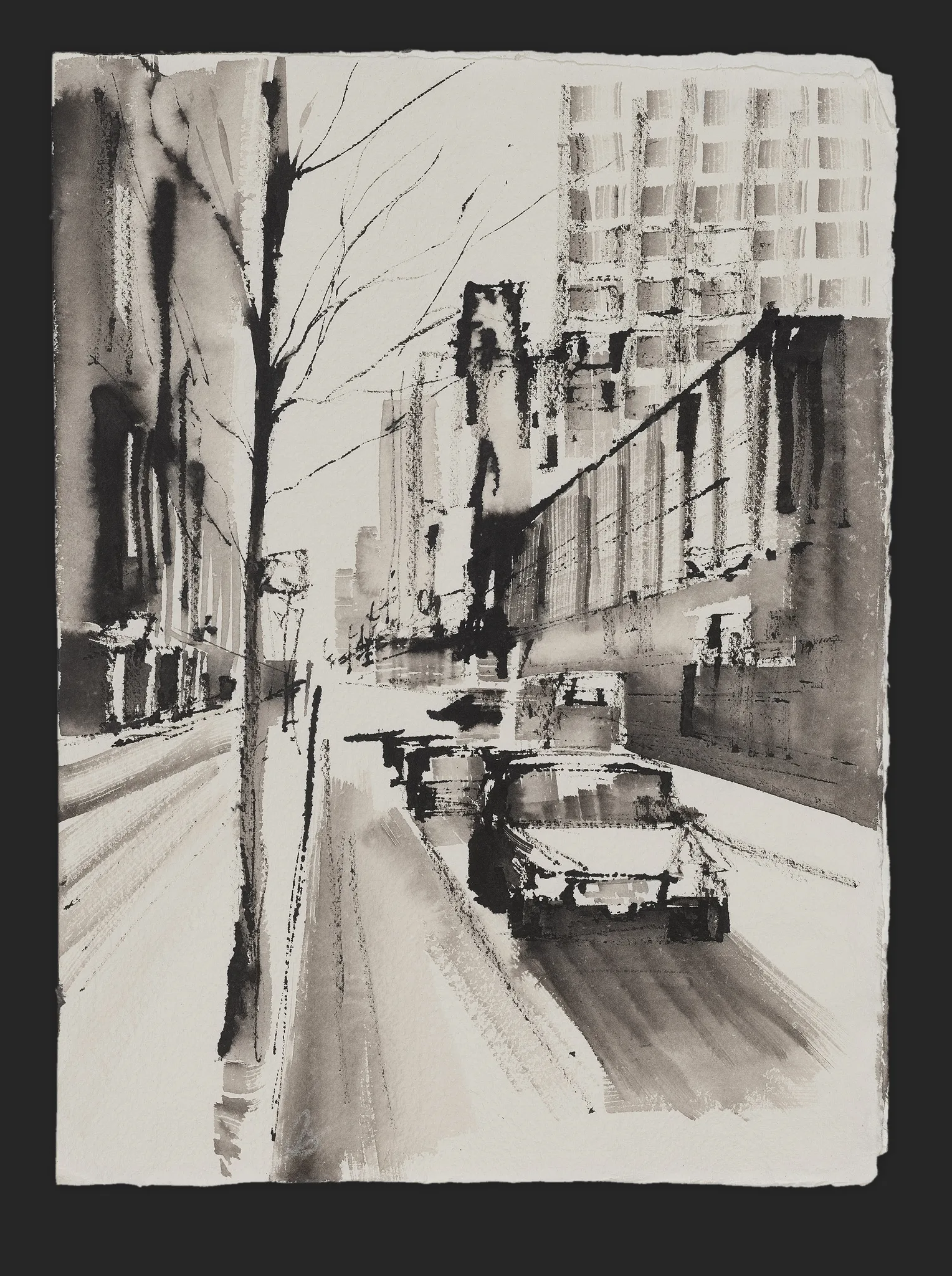 Monochrome Manhattan, an original ink painting by Paul Kenton: a loose black-and-white street scene of a New York avenue, with a bare tree, blurred cars and towering grey skyscrapers.