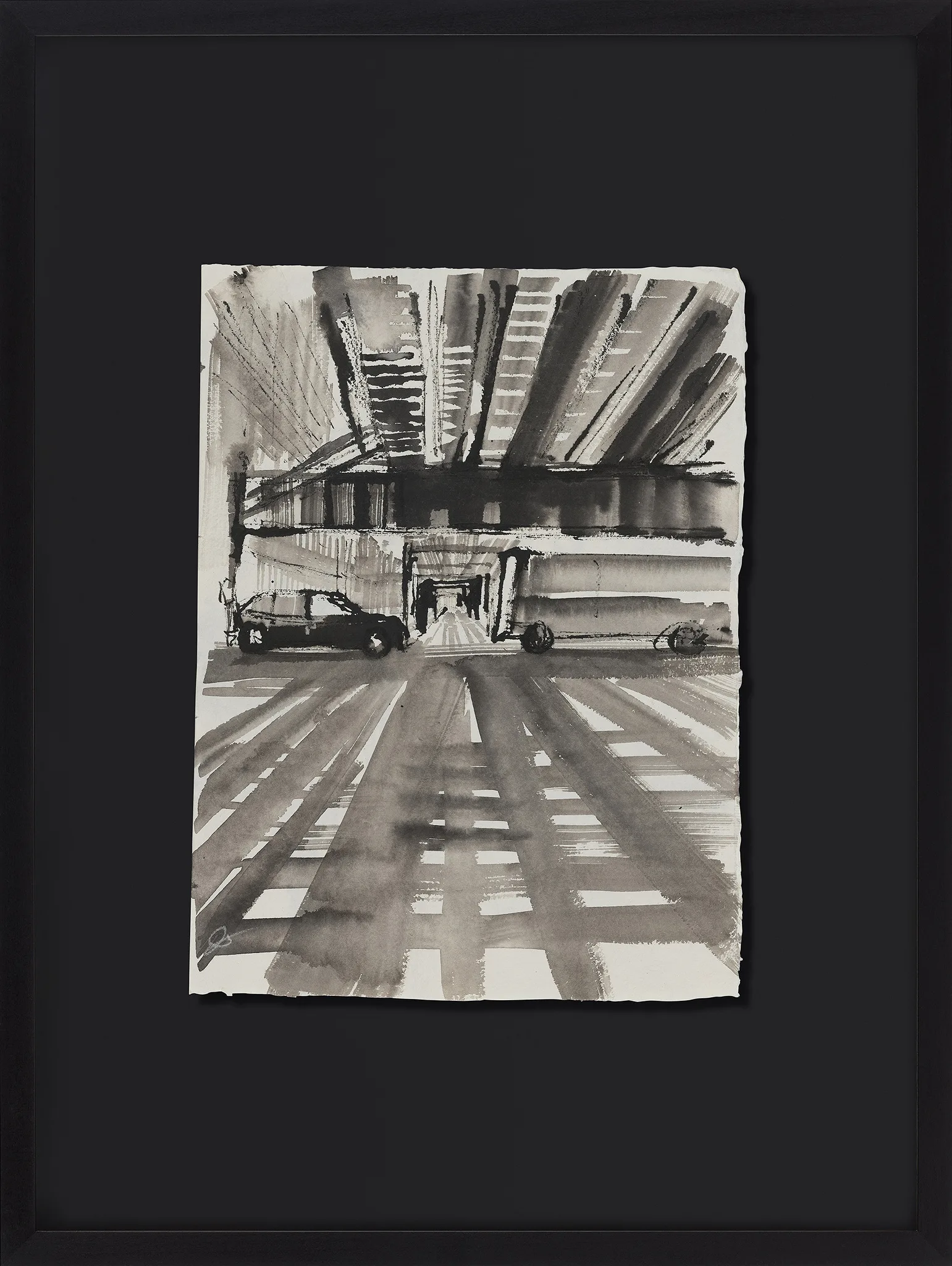 Vanishing Lines, an original ink painting by Paul Kenton on Indian paper, shown in a black frame: a monochrome underpass with a road receding under a concrete bridge, a car and van at the sides.