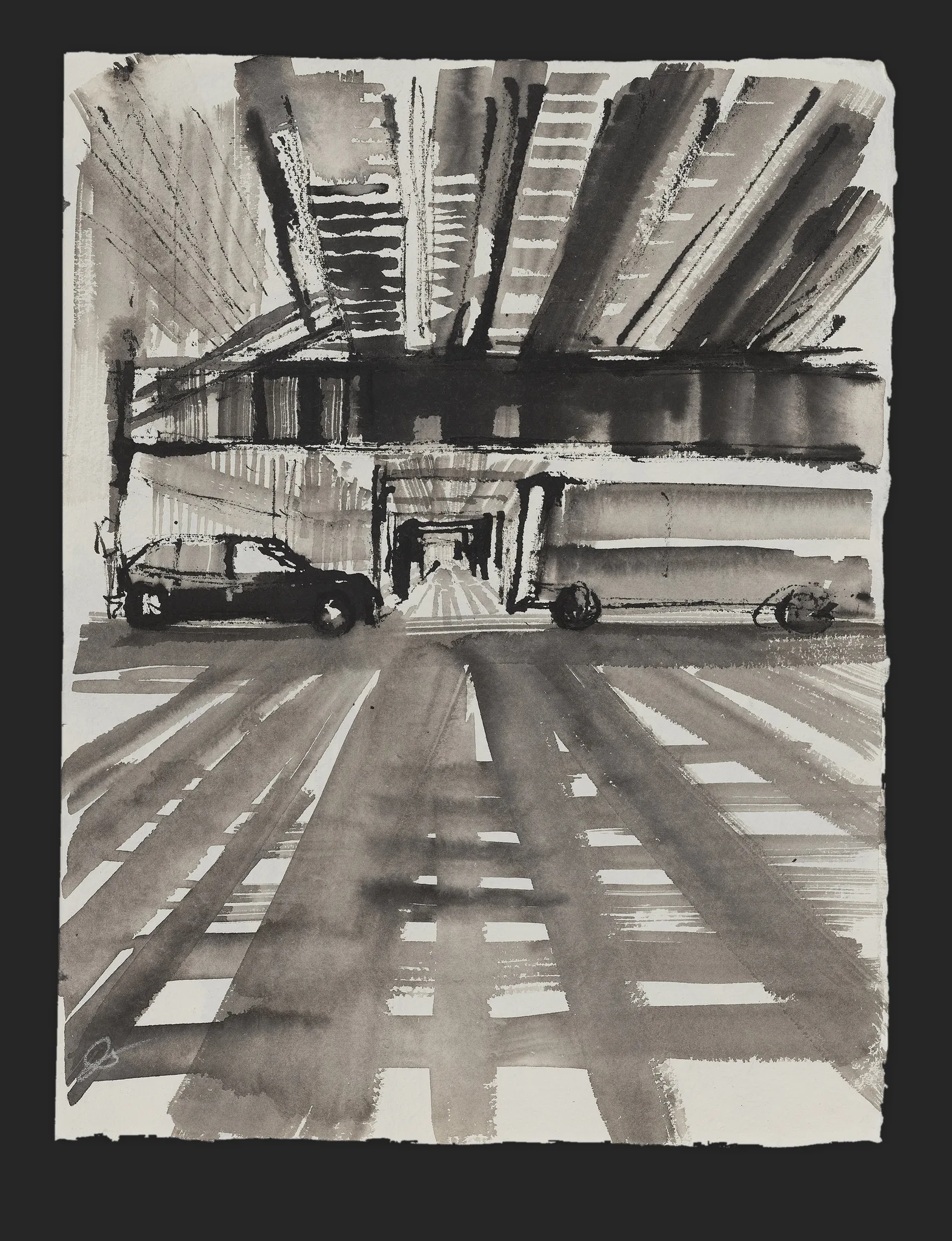 Vanishing Lines, an original painting by Paul Kenton: a monochrome ink street scene of a road running under a dark elevated structure, with a car at left and a figure in the distant tunnel.