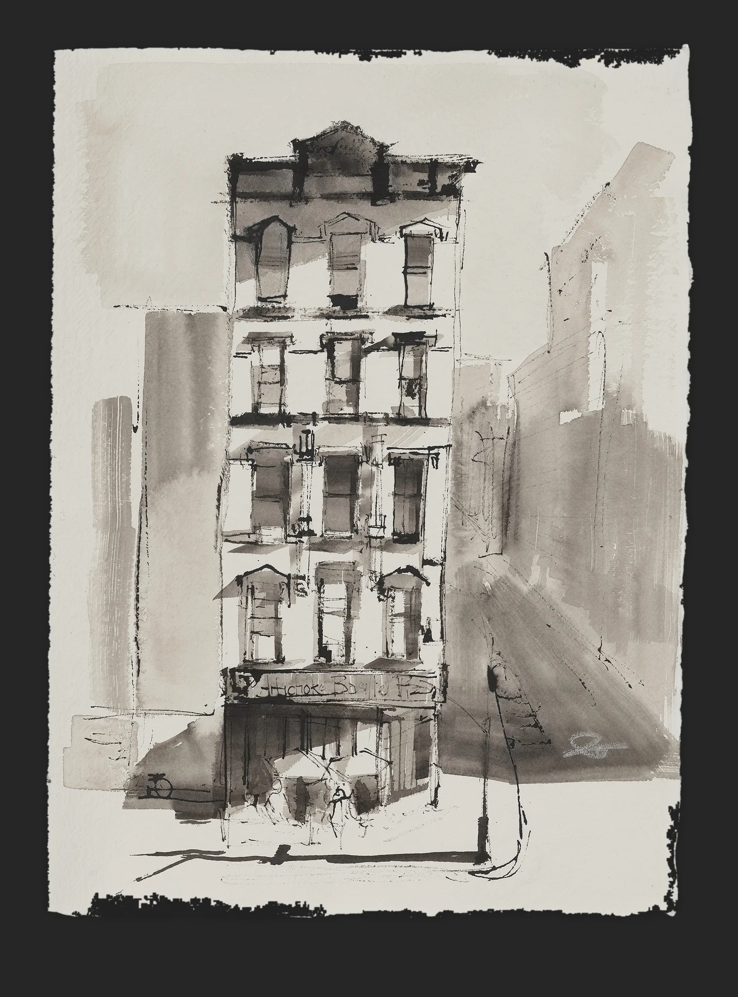 Facade In Light, an original painting by Paul Kenton: a tall, narrow building drawn in grey ink wash on textured paper, its windows and shopfront picked out in sharp lines against soft shadow.