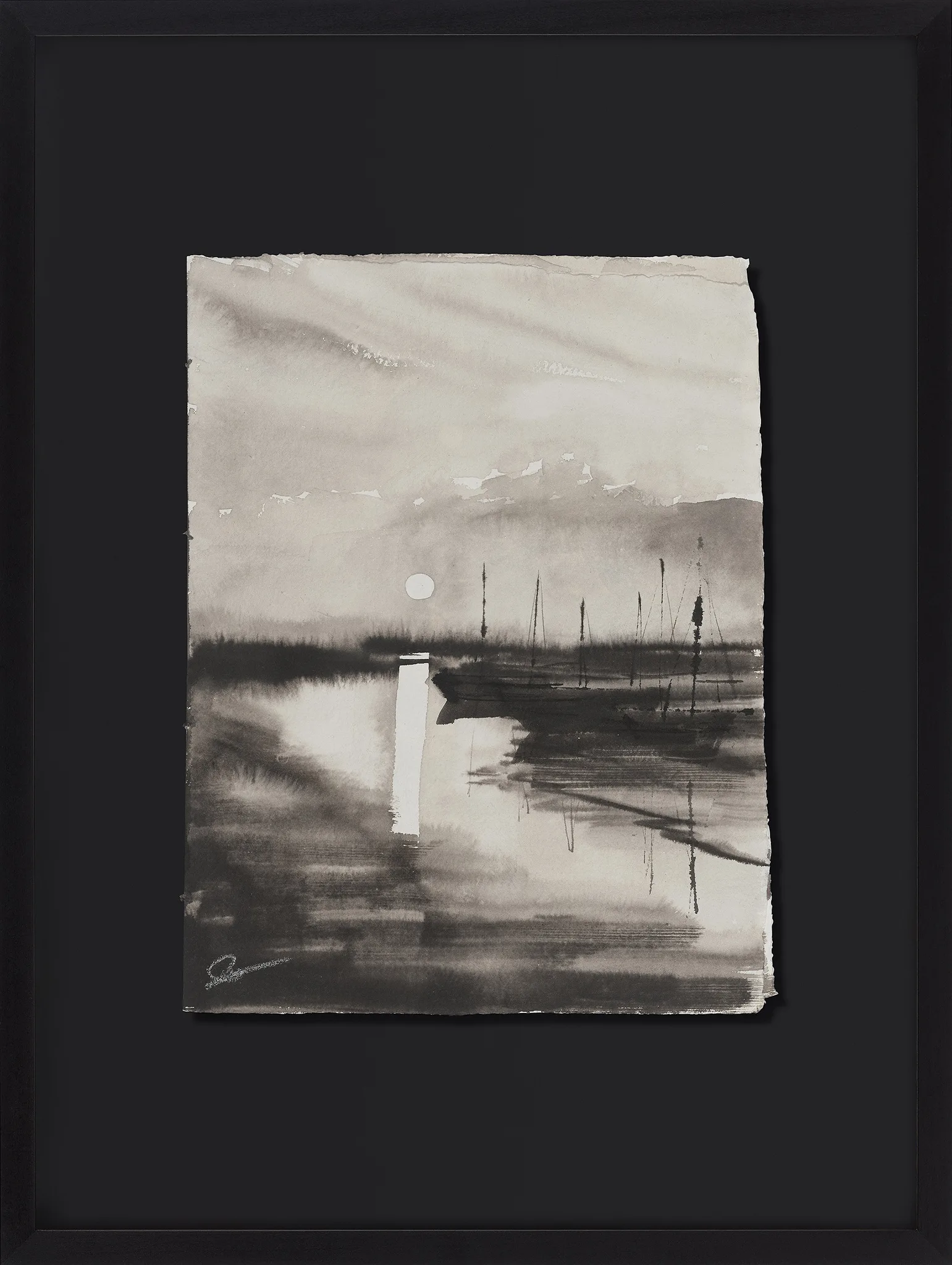 Silent Harbour, an original ink painting by Paul Kenton, shown in a black frame: a misty grey monochrome harbour at dusk, with moored boat masts, a pale sun and soft reflections on still water.