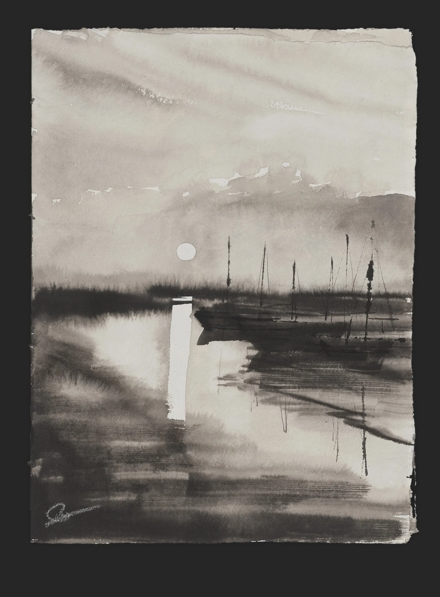 Silent Harbour, an original painting by Paul Kenton: a misty grey ink seascape of moored sailing boats with bare masts, a pale moon above and their reflections in still water.