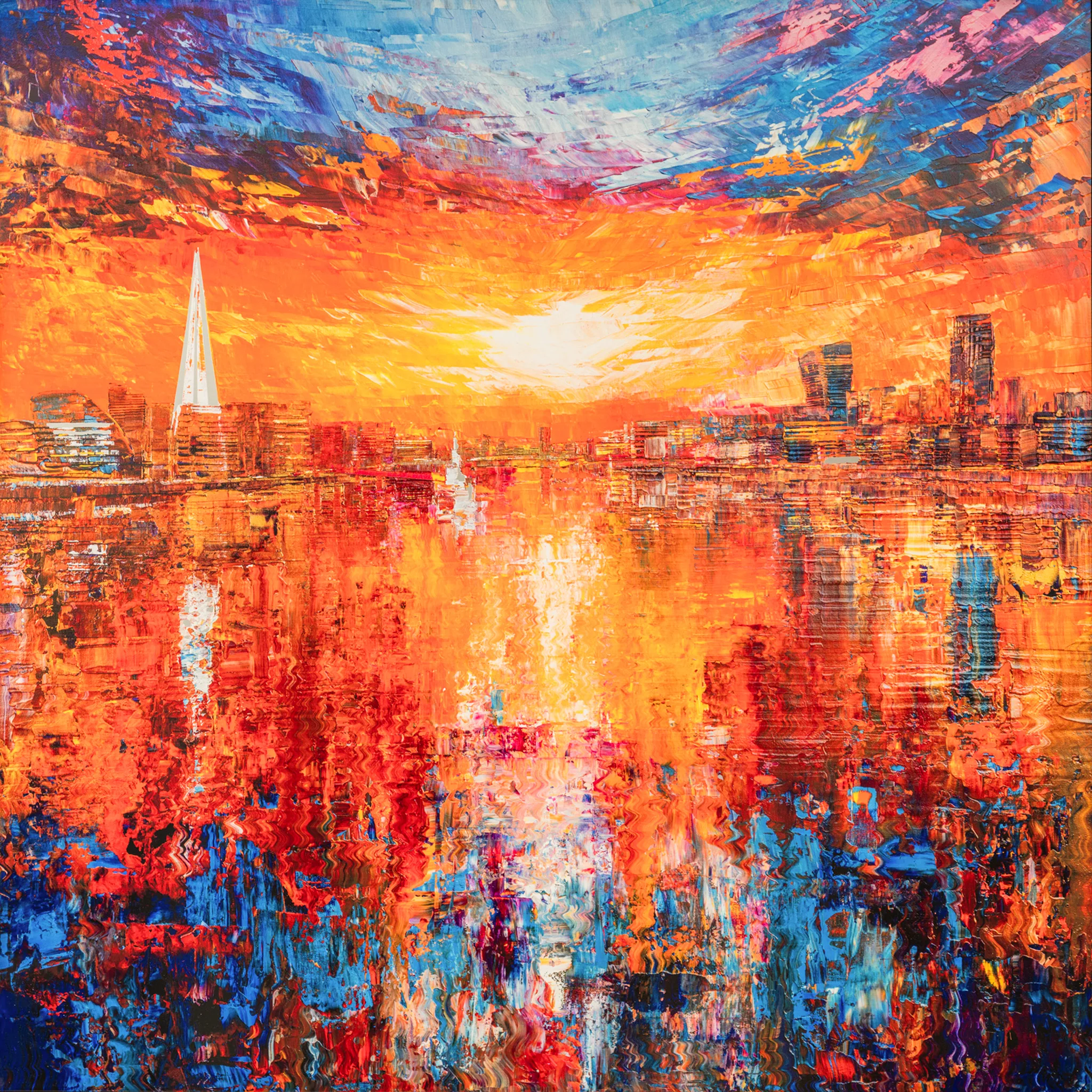 Currents of Light, a limited edition print by Paul Kenton: a bold, textured London cityscape at sunset, with a glowing orange sun over the river, a pointed white tower on the left, and warm red and orange reflections rippling into blue below.