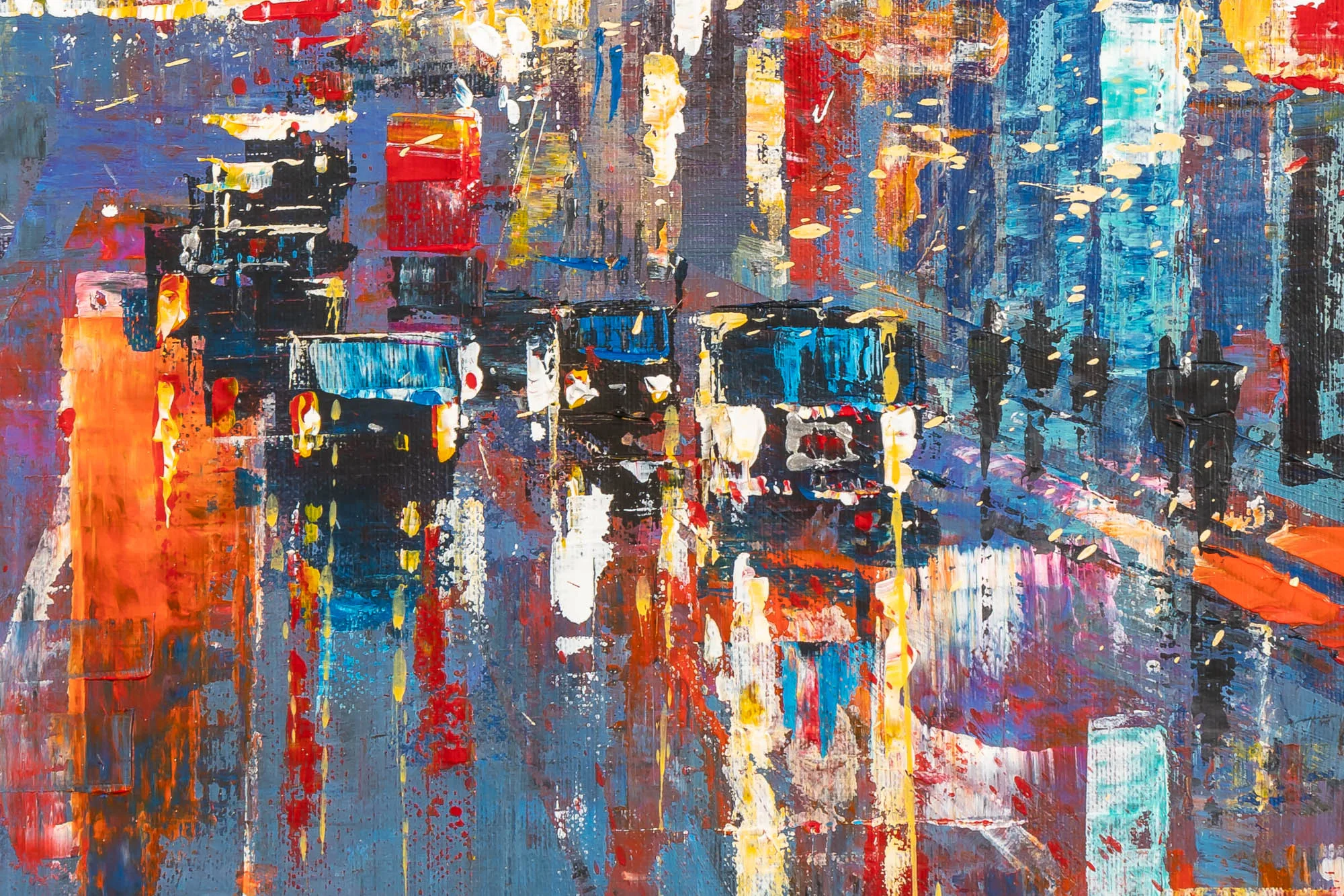 Close-up of Cathedral of Light, a limited edition print by Paul Kenton, showing thick textured strokes of blue, red and orange with dark cars and pedestrians on a glowing city street.