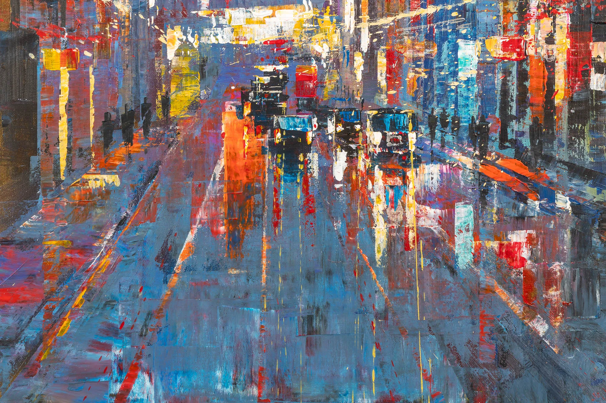 Close-up of Cathedral of Light, a limited edition print by Paul Kenton: a rain-soaked London street in blue, red and yellow brushstrokes, with blurred traffic and figures in the distance.