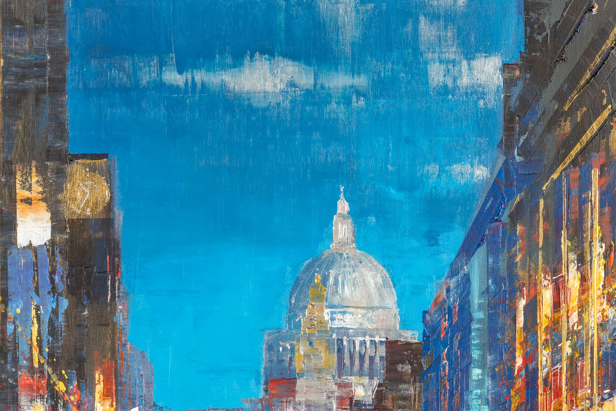 Close-up of Cathedral of Light, a limited edition print by Paul Kenton: the pale, textured dome of St Paul's Cathedral rises against bright blue sky between dark, flecked buildings in London.