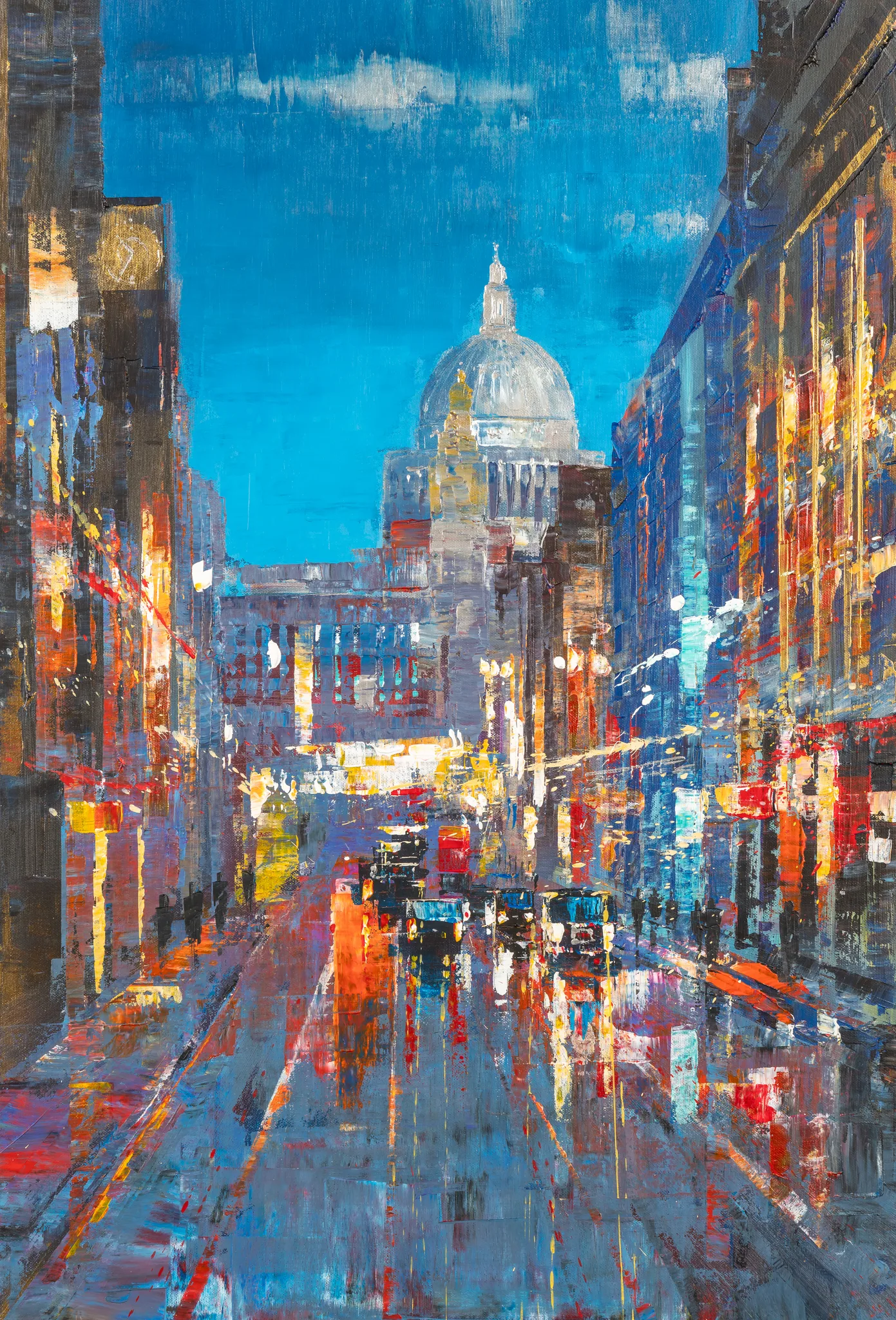 Cathedral of Light, a limited edition print by Paul Kenton: a rain-slicked London street at dusk, lit by warm shopfronts, with St Paul's dome beneath a vivid blue sky.