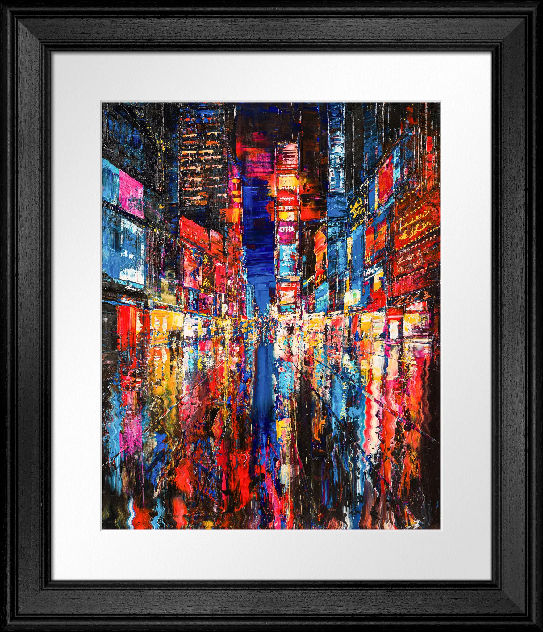 Downtown Dazzle, a limited edition print by Paul Kenton in a black frame with a white mount: a night street in New York lined with glowing signs, red and blue reflections streaking across the wet road.
