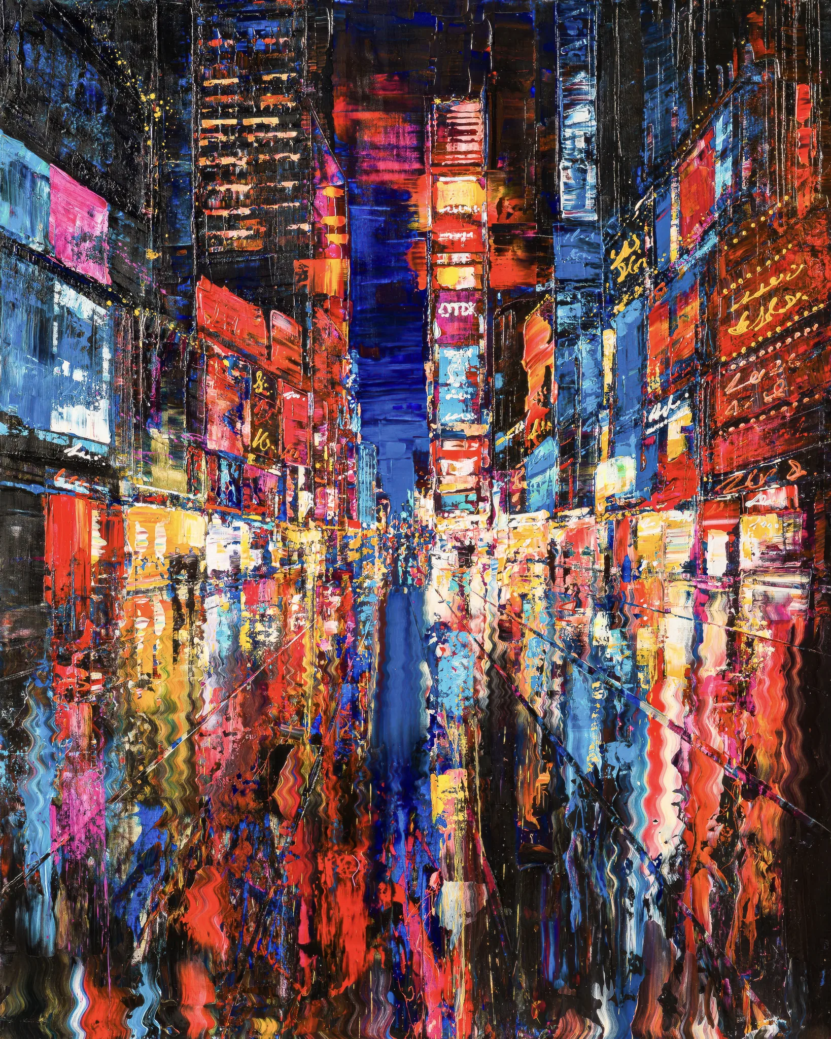 Downtown Dazzle, a limited edition giclée print by Paul Kenton: a bold, textured night view of a New York street ablaze with red, blue and gold neon, reflected in wet pavement.
