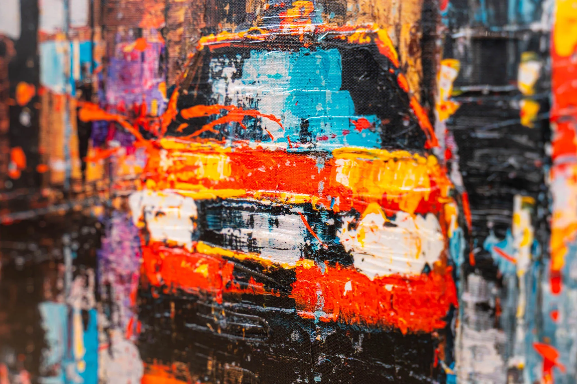 Close-up of Downtown Reflections, a limited edition print by Paul Kenton, showing thick red, orange and turquoise paint strokes forming a blurred car front amid city buildings.