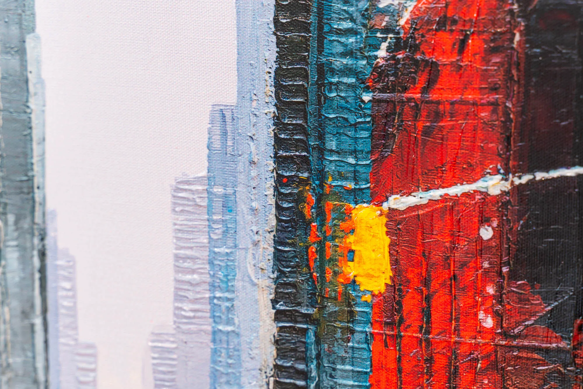 Close-up of Downtown Reflections, a limited edition print by Paul Kenton, showing thick textured brushwork: pale grey and blue skyscrapers fading into mist, with bold red, black and yellow blocks on the right.