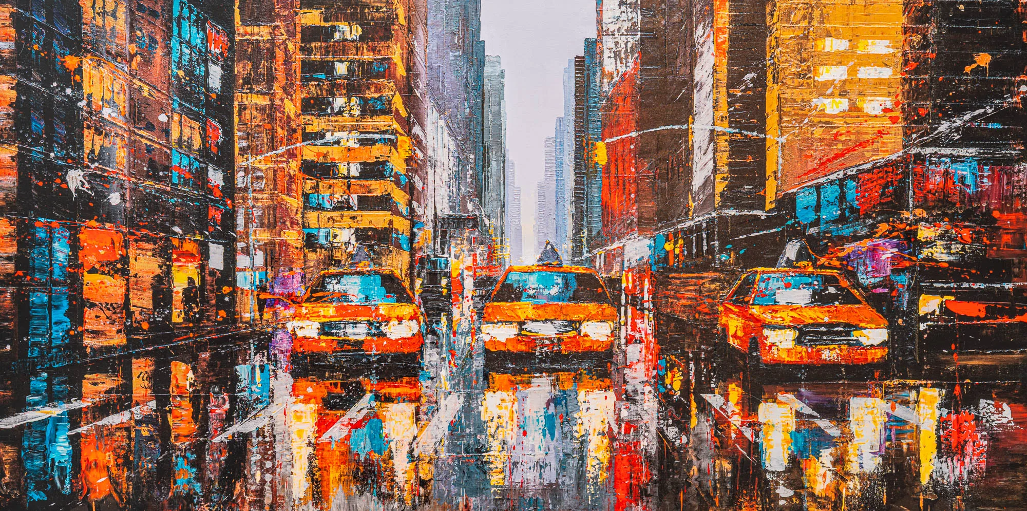 Downtown Reflections, a limited edition embellished giclée print on canvas by Paul Kenton: a bold, textured New York street lined with towering buildings, three glowing orange taxis, and warm reflections on wet pavement.