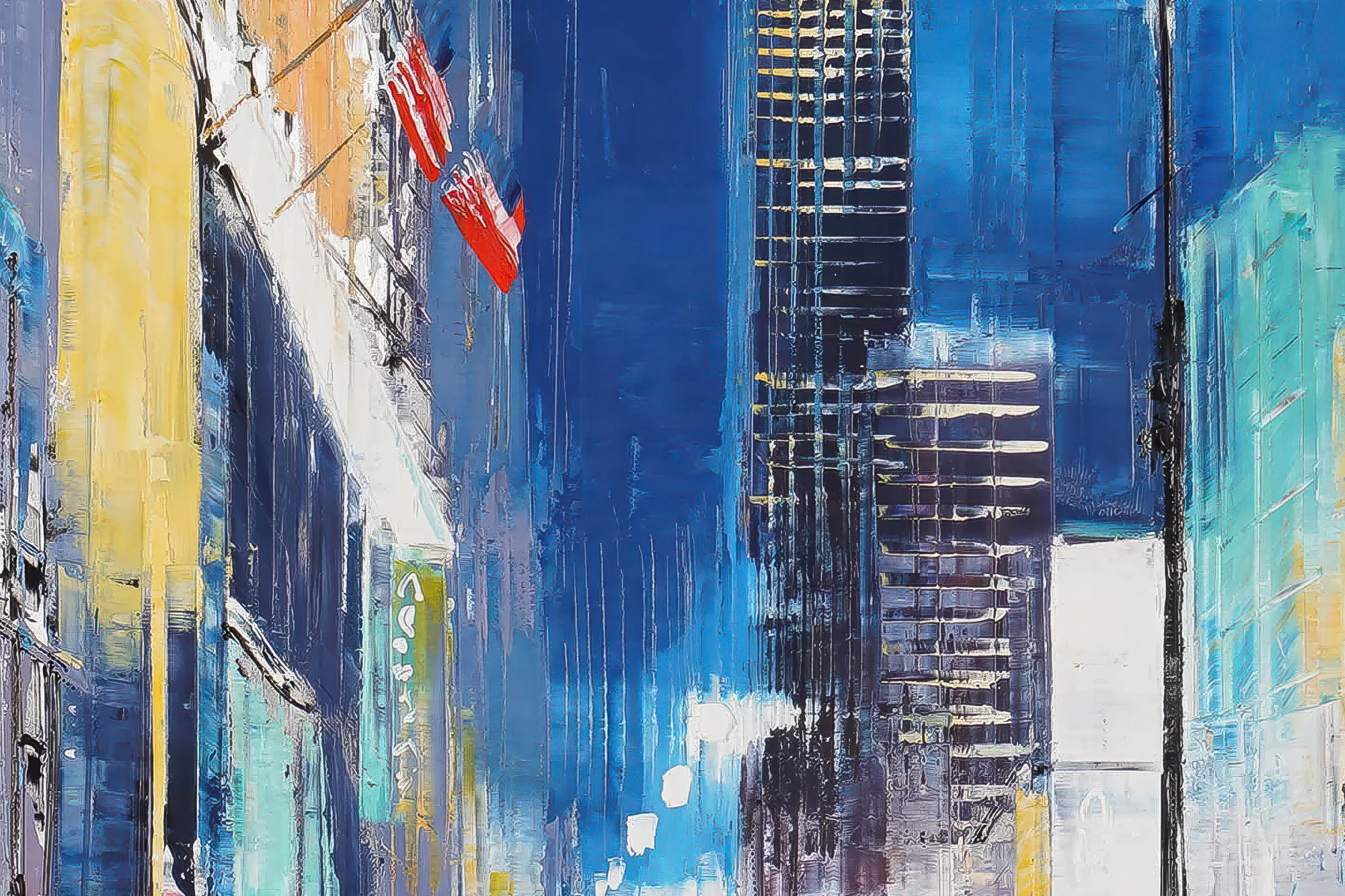 Close-up of Electric City, a limited edition giclée print by Paul Kenton, showing thick textured brushstrokes of blue, yellow and teal around tall towers, with red and white flags at left.