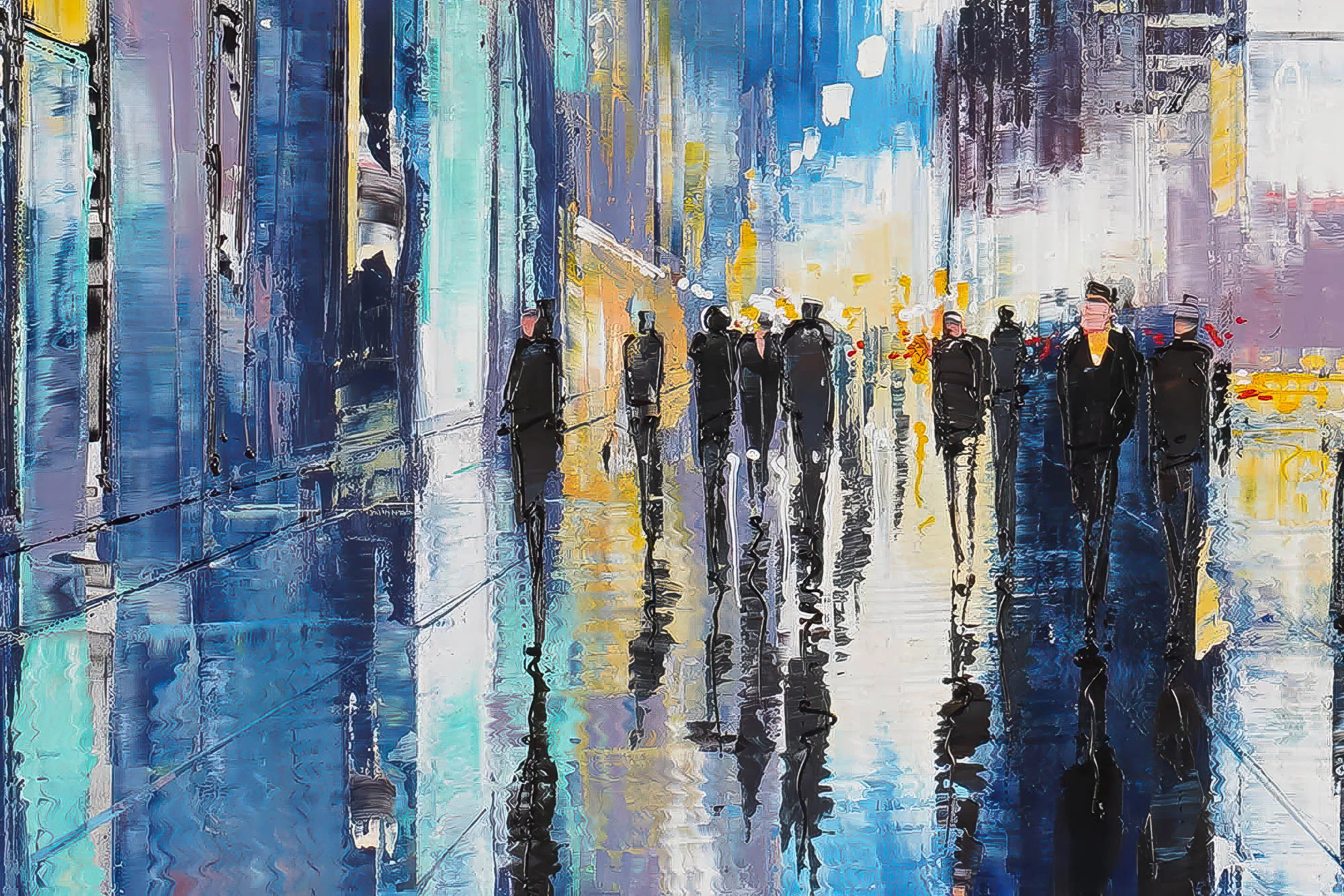Close-up of Electric City, a limited edition print by Paul Kenton: thick textured brushstrokes show dark silhouetted figures walking through a rain-slicked street, reflected in blue, gold and white.