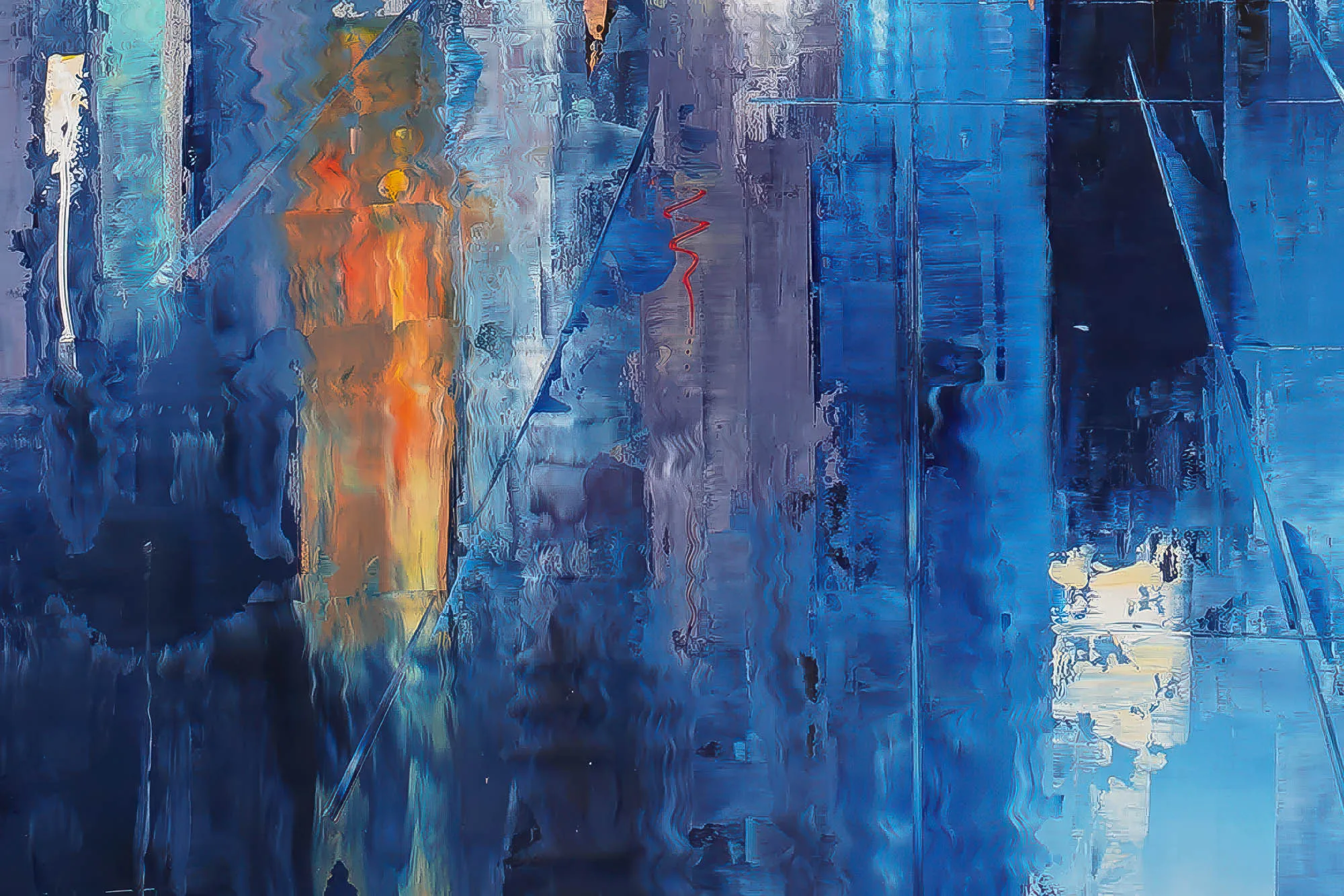 Close-up of Electric City, a limited edition print by Paul Kenton: thick blue brushstrokes with a glowing orange vertical streak suggest a city at night, with textured paint ridges.