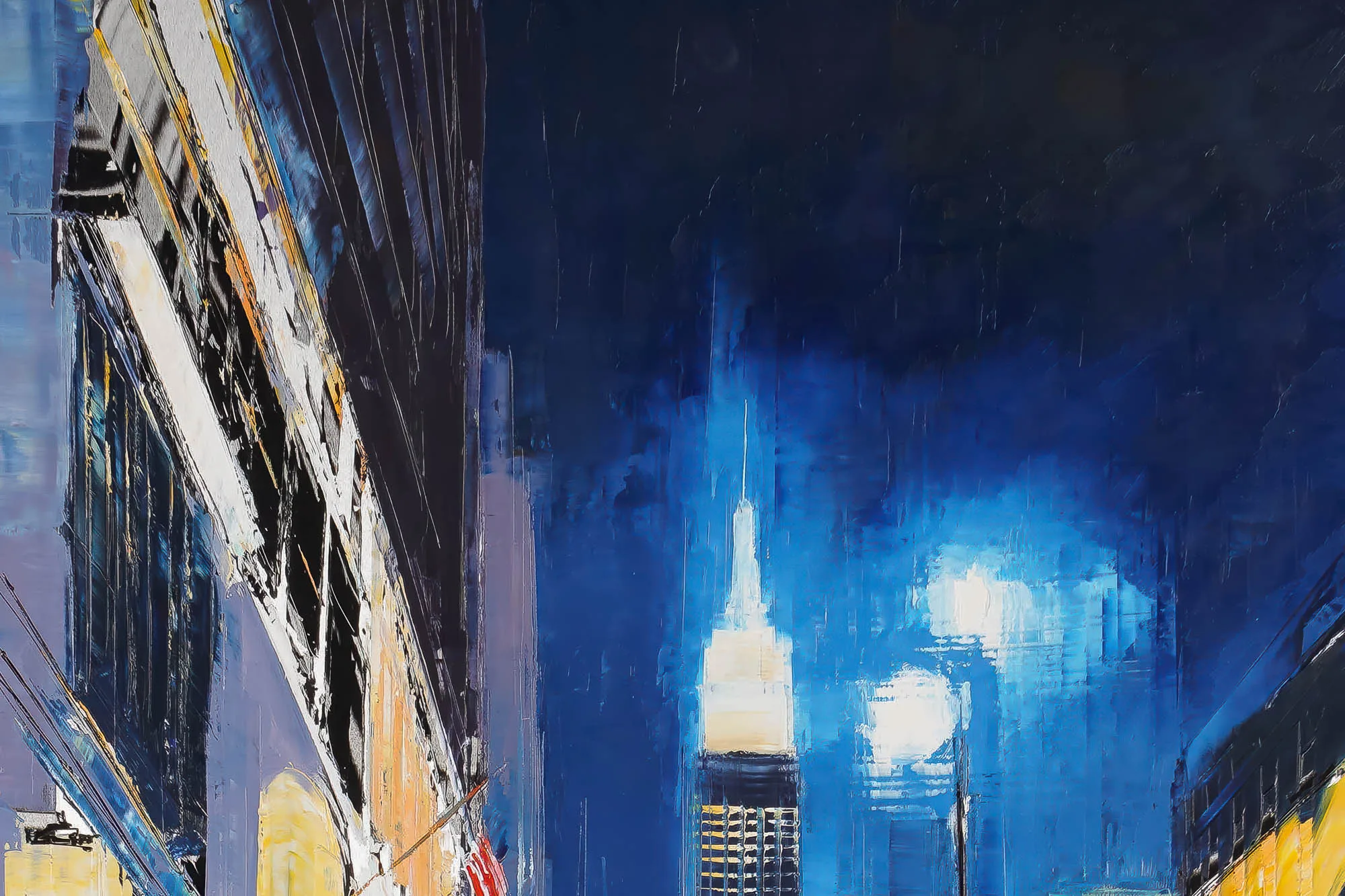 Close-up of Electric City, a limited edition print by Paul Kenton of New York, showing the lit Empire State Building spire against deep blue night sky, with heavy textured brushstrokes and warm yellow street lights.
