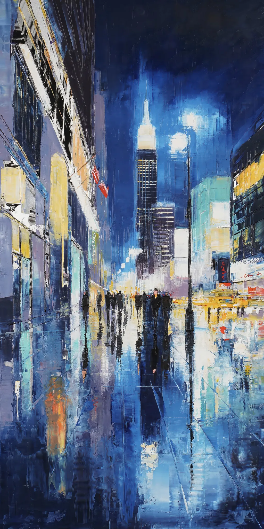 Electric City, a limited edition giclée print by Paul Kenton: a rain-slicked New York street at night, the lit Empire State Building rising above dark blue reflections and figures in silhouette.