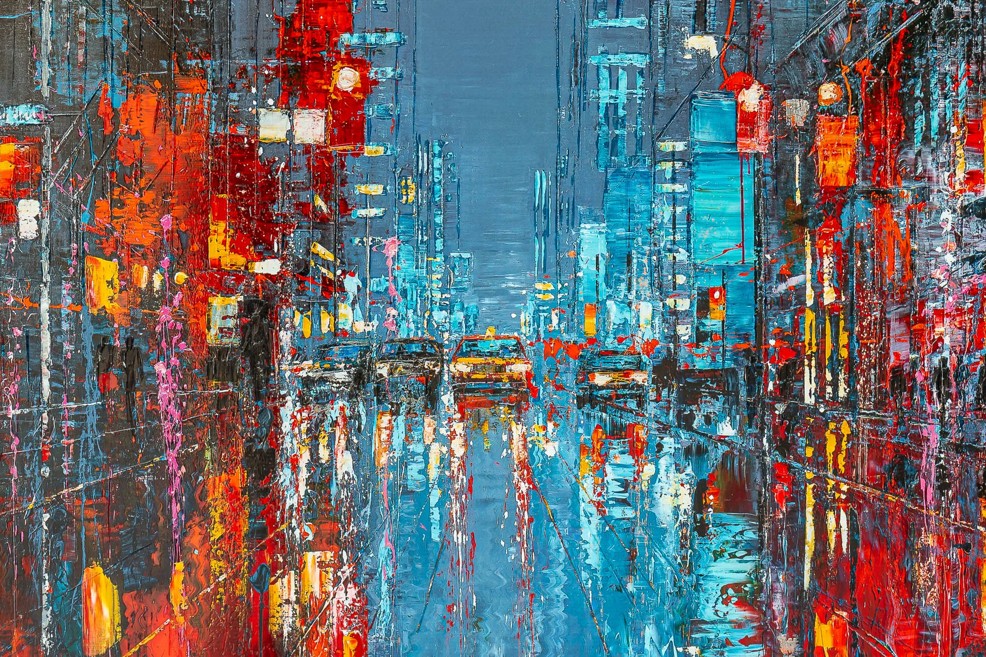 Close-up of Electric Crossroads, a limited edition print by Paul Kenton: a night street of thick red, orange and blue brushstrokes, with yellow taxi lights and raised paint texture.
