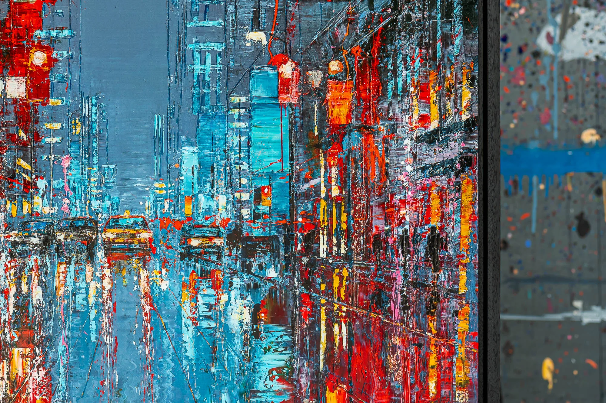 Close-up of Electric Crossroads, a limited edition print by Paul Kenton: thick, textured strokes of blue, teal and red suggest a rain-slicked New York street lit by warm yellow and orange lights.