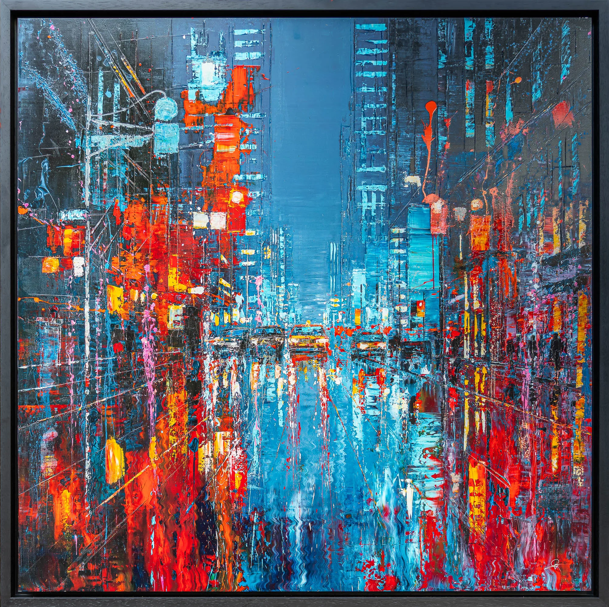 Electric Crossroads, a limited edition print by Paul Kenton, in a black floating frame: a rain-wet New York street at night, with red and orange lights against deep teal, leading the eye to yellow taxis.