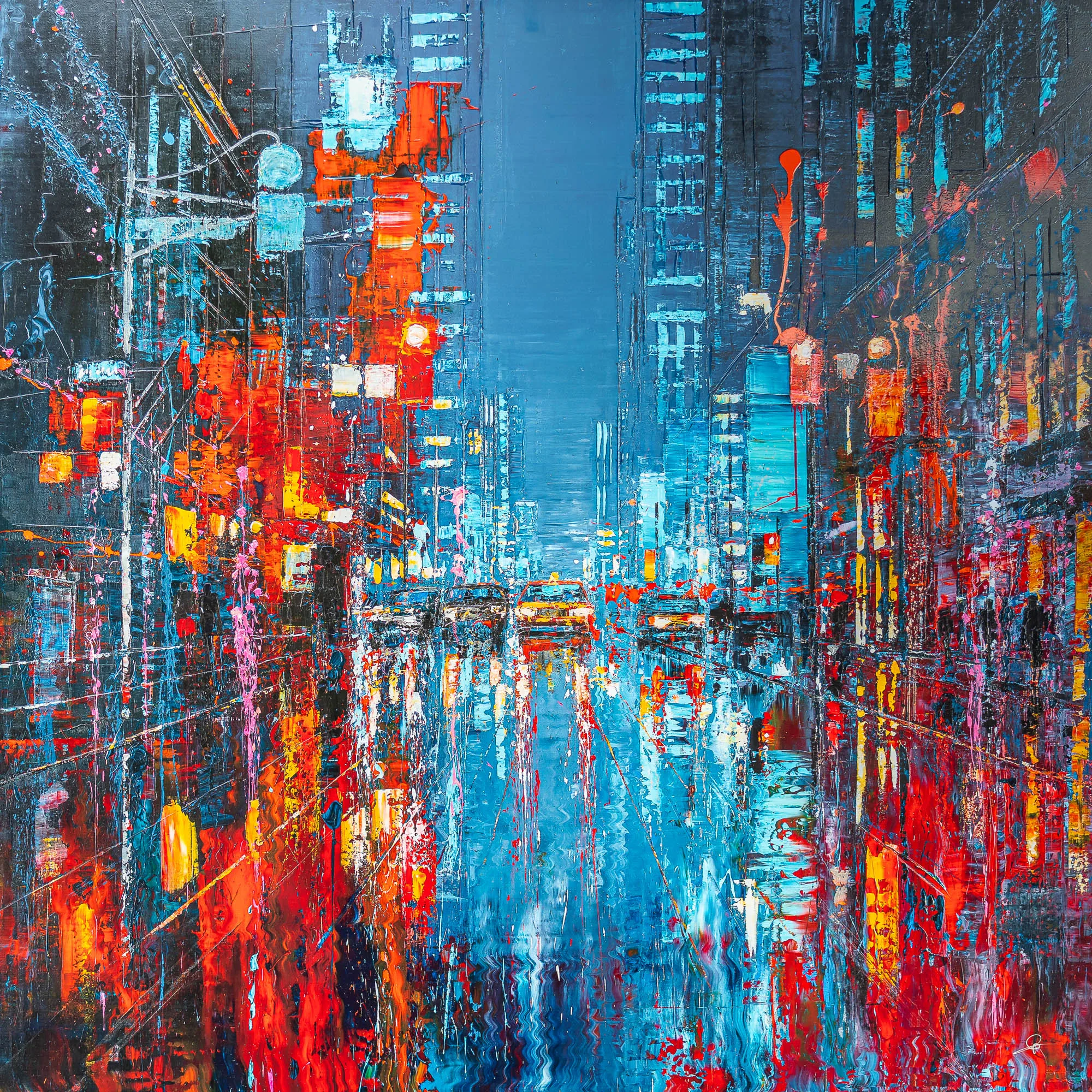 Electric Crossroads, a limited edition print by Paul Kenton: a rain-slicked New York street at night, with red and orange lights framing a glowing blue avenue and yellow taxis.
