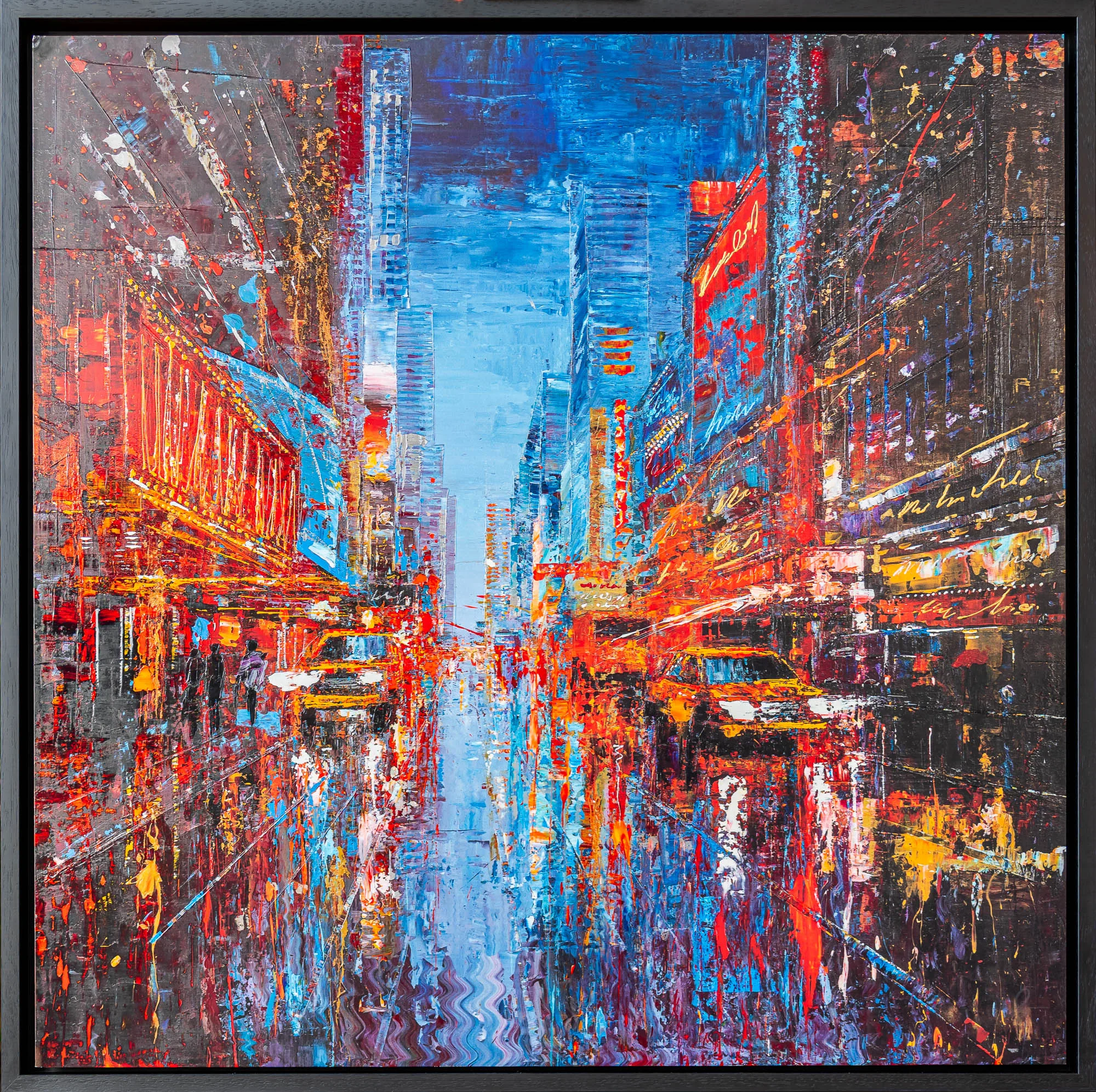 Empire City Spectrum, a limited edition print on aluminium in a black floating frame: a bold, textured New York street at dusk, with yellow taxis, red and blue neon signs and rain-slicked reflections.