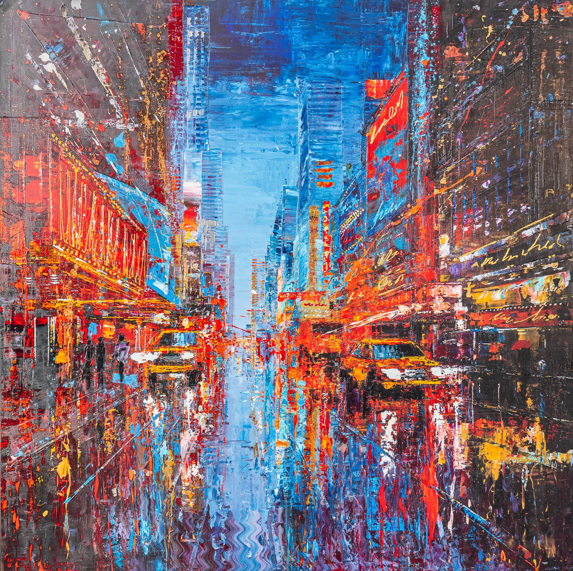 Empire City Spectrum, a limited edition embellished giclée print on aluminium by Paul Kenton: a textured night street canyon of red and blue neon, yellow taxis and towering buildings.