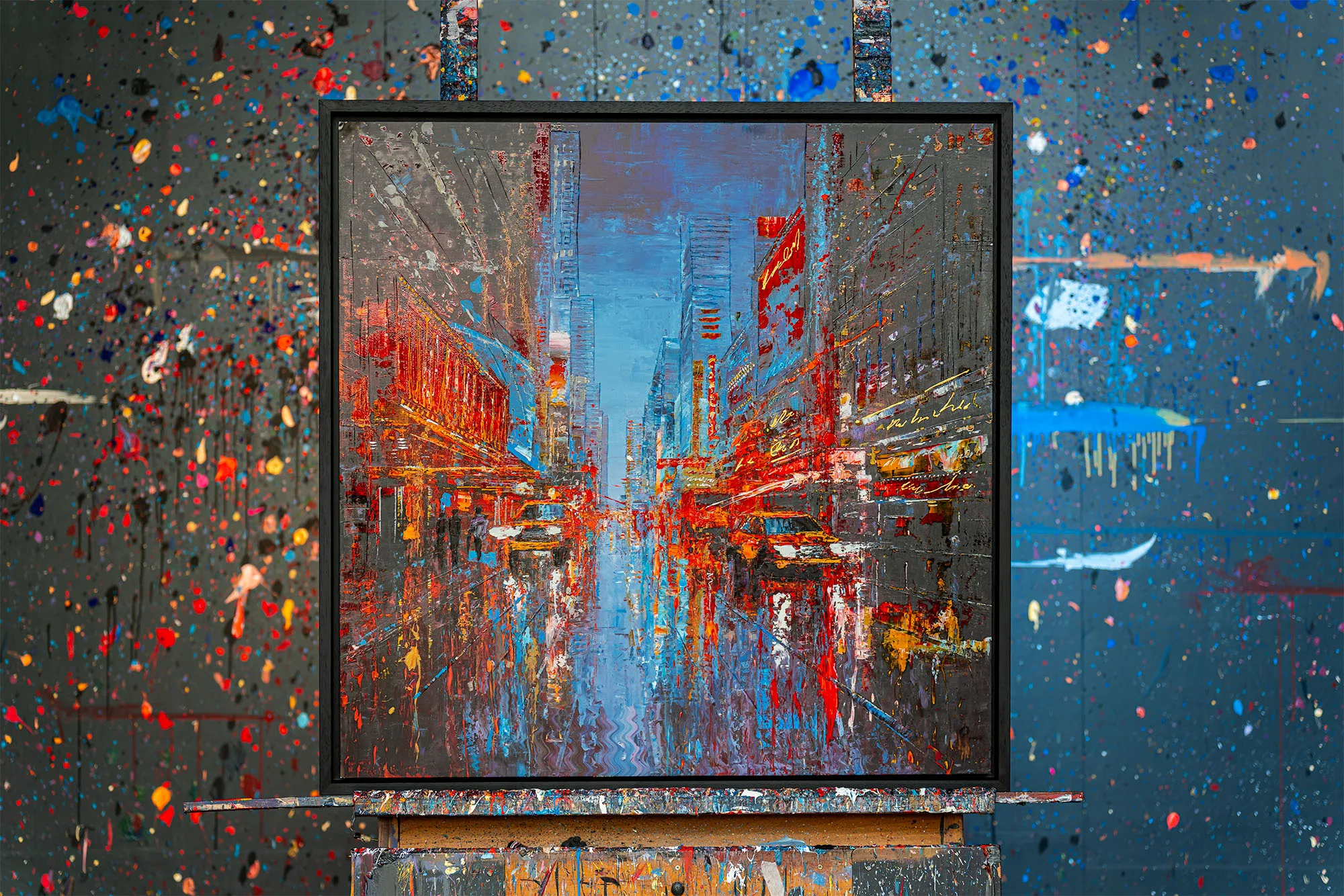 Empire City Spectrum: a framed painting of a bustling city street at dusk, with glowing red and orange neon signs and blue reflections on wet pavement, rendered in thick, textured brushstrokes.