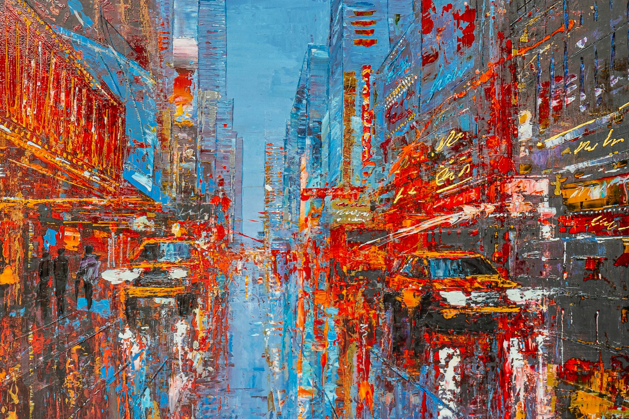 Close-up of Empire City Spectrum, a thickly textured city street scene with vivid red, orange and blue impasto strokes, yellow taxis, and glowing shopfronts flanking a pale blue sky.