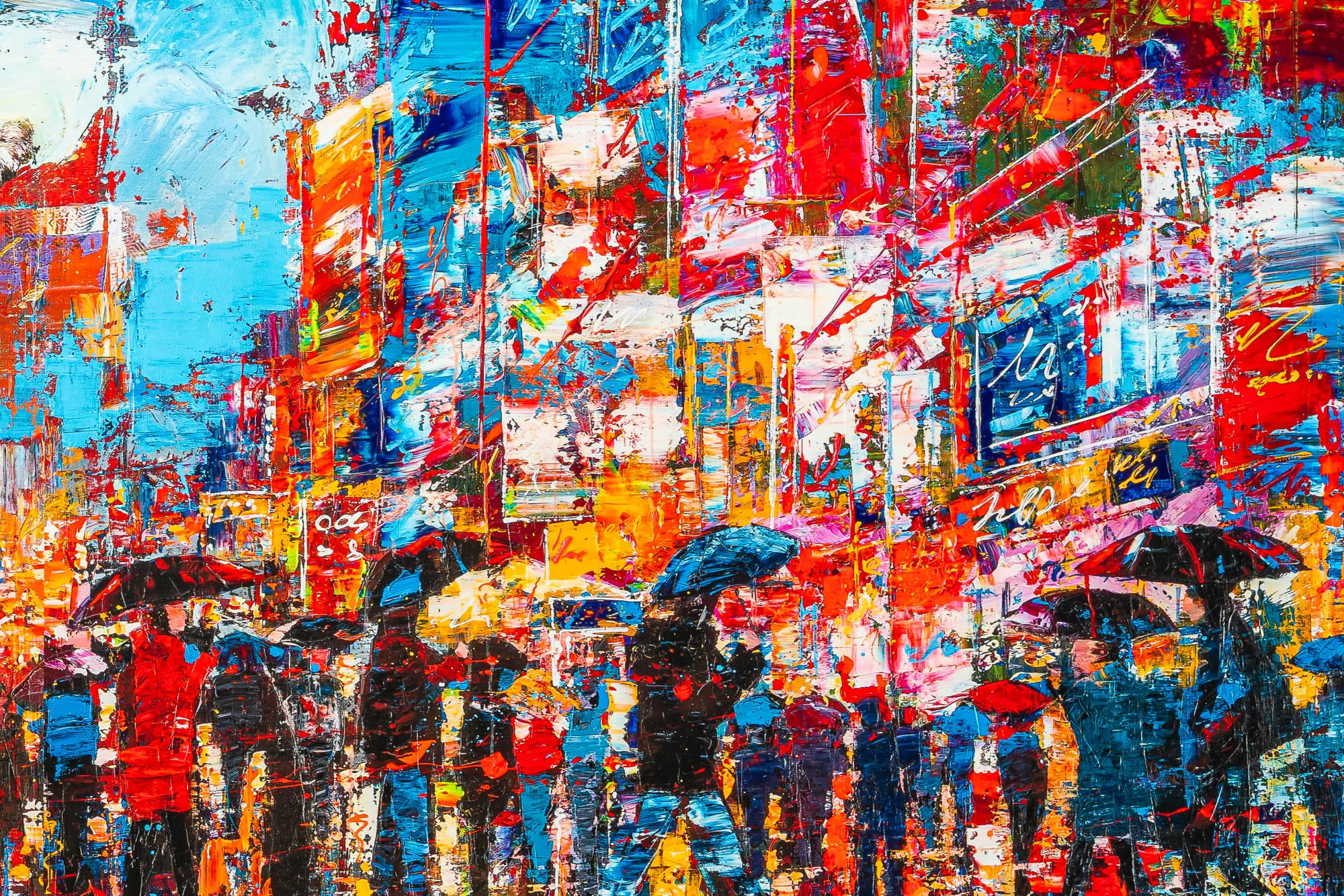 Close-up of Fairytale Of New York, a limited edition print by Paul Kenton, showing thick, textured brushstrokes of red, blue and orange across a busy city street with umbrellas in the rain.