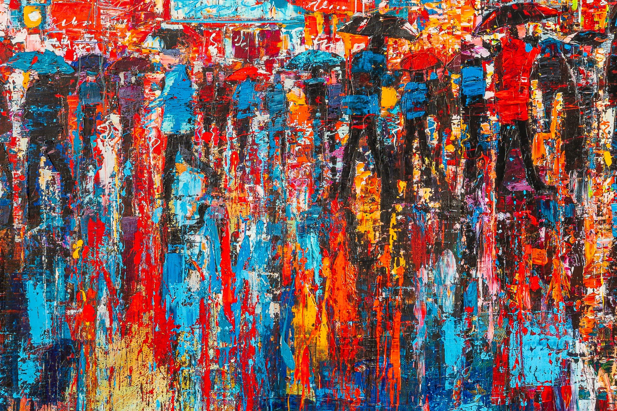 Close-up of Fairytale Of New York, a limited edition print by Paul Kenton: a crowd of dark silhouetted figures under red, blue and black umbrellas, with vivid, heavily textured strokes of red, orange and turquoise running down the canvas.