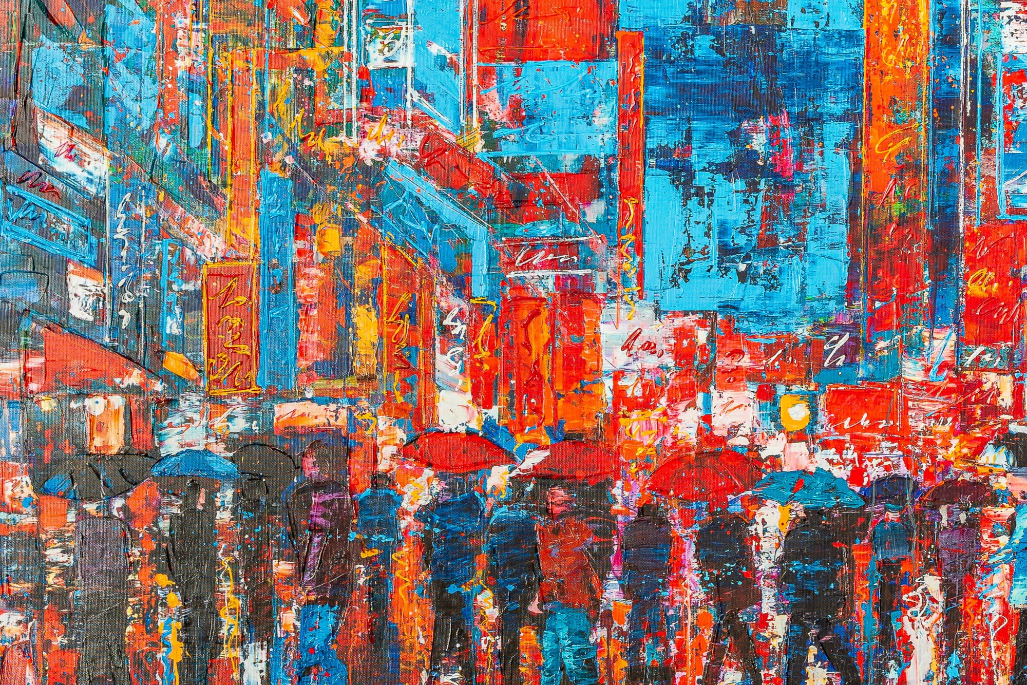 Close-up of Fairytale of New York, a limited edition print by Paul Kenton: a busy rainy street of red and blue buildings, with textured figures huddled beneath red and blue umbrellas.