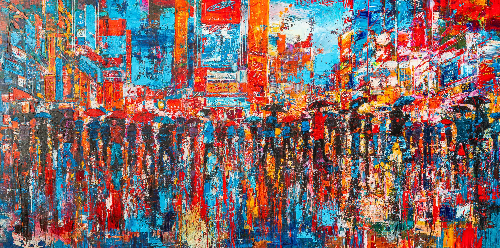 Fairytale Of New York, a limited edition embellished giclée print by Paul Kenton: a crowd of dark silhouetted figures under red and blue umbrellas crosses a busy street lined with bold, glowing signs in red, blue and orange.