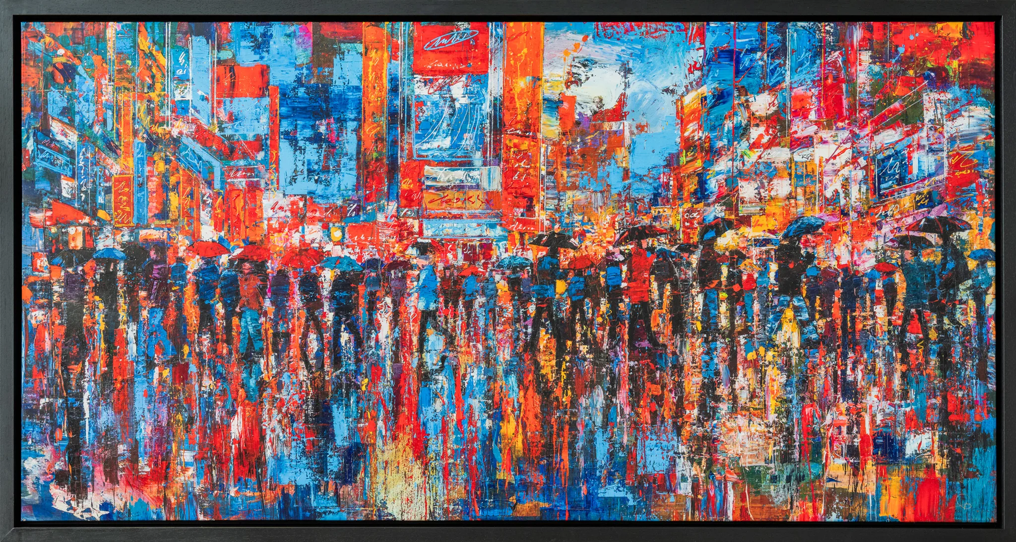 Fairytale Of New York, an embellished giclée print on canvas in a slim black frame: a rain-soaked city street crowded with figures under red, blue and black umbrellas, framed by bright red, orange and blue signage in loose, textured brushwork.