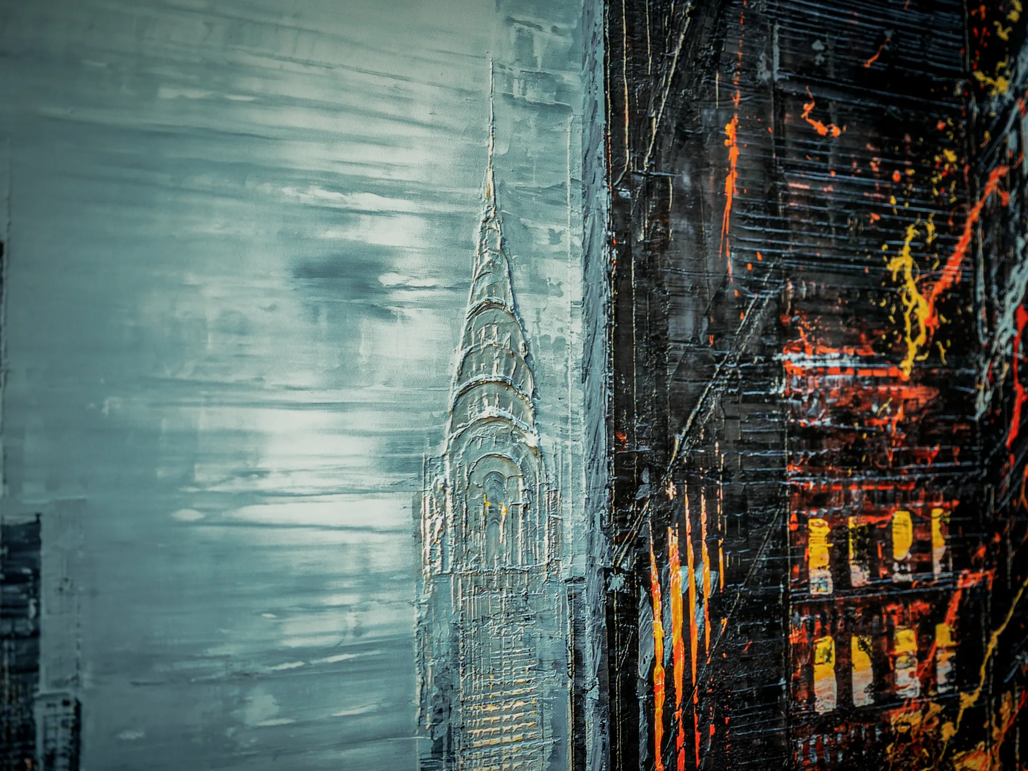 Close-up of Flight of the Taxis, a limited edition print by Paul Kenton, showing a pale teal spire with thick, raised brushwork beside dark buildings flecked with orange and yellow.