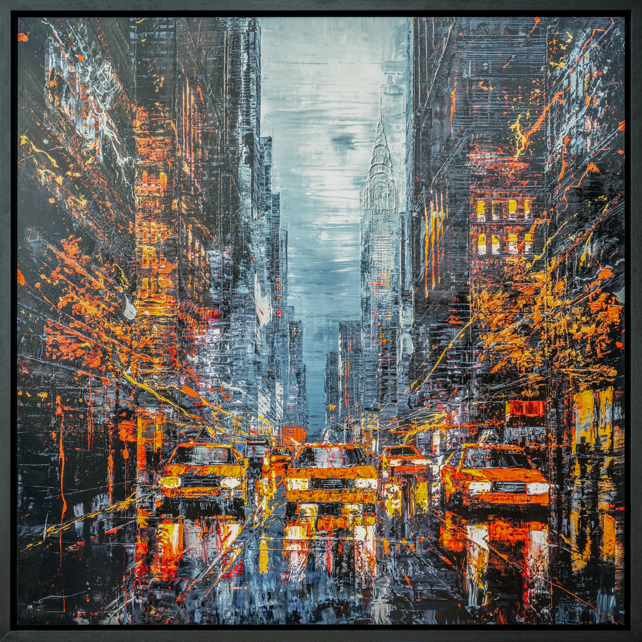 Flight of the Taxis, an embellished giclée print on aluminium by Paul Kenton, shown in a slim black frame: a New York avenue at dusk, yellow taxis glowing in the foreground beneath a pale grey sky and the Chrysler Building.