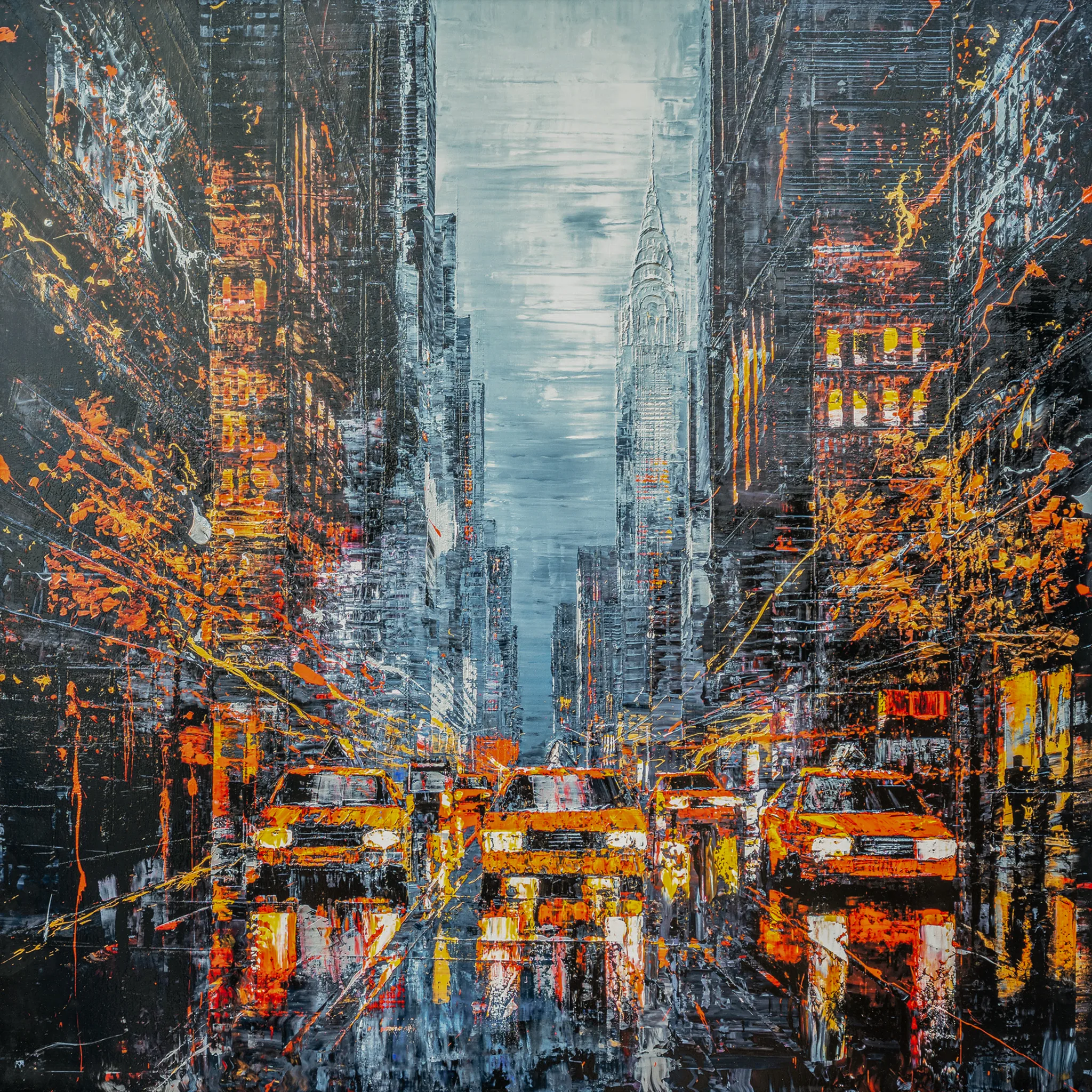 Flight of the Taxis, an embellished giclée print on aluminium by Paul Kenton: a street of tall buildings with yellow taxis in the foreground and the Chrysler Building under a grey sky, in orange, amber and charcoal.
