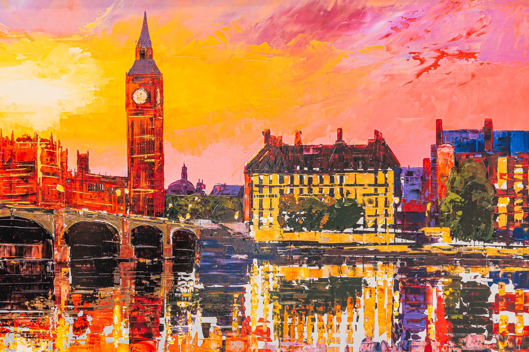 Close-up of London Ablaze, a limited edition print by Paul Kenton: thick, textured strokes show Big Ben's clock tower and the Thames at sunset, in glowing oranges, reds and yellows.