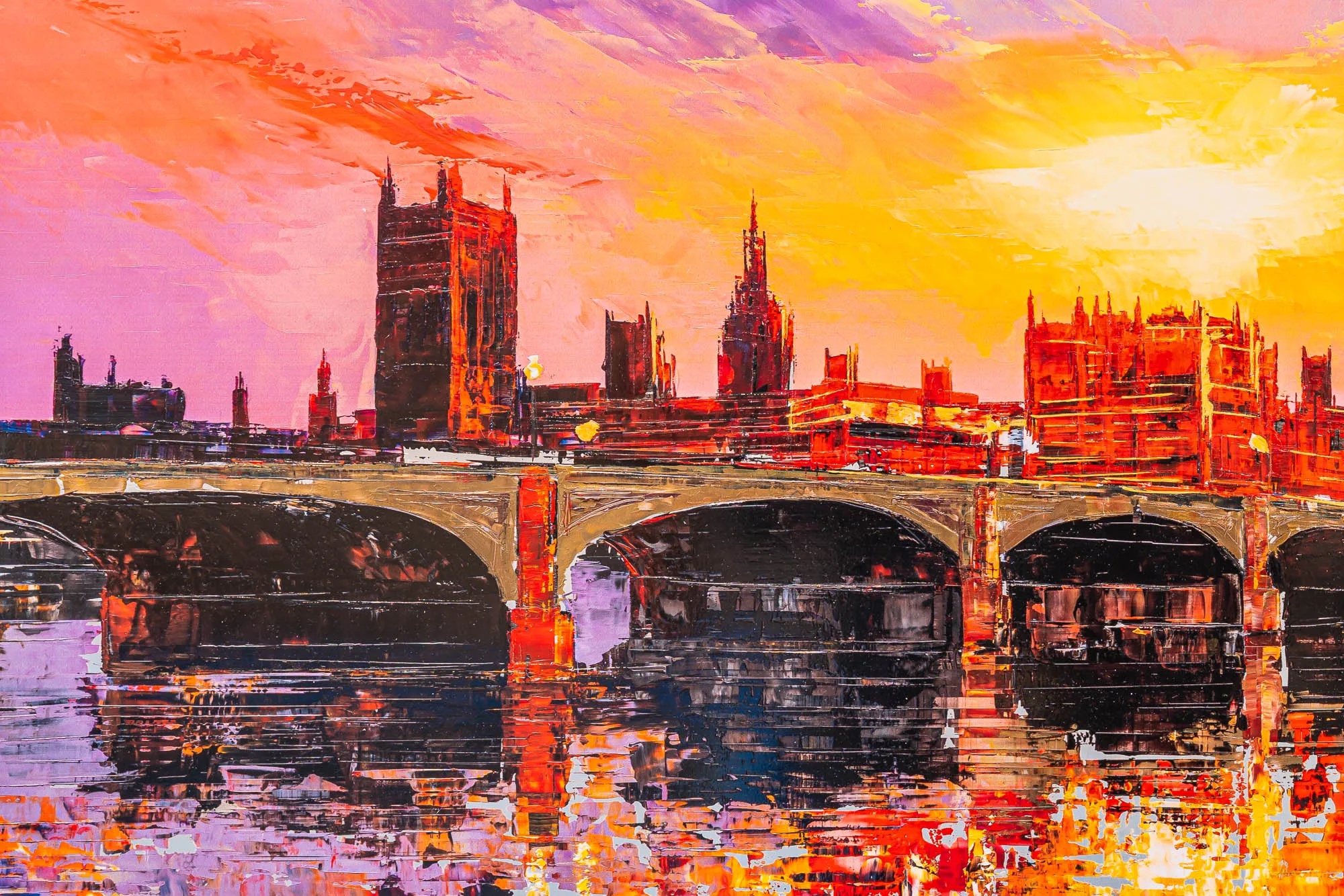 Close-up of London Ablaze, a limited edition print by Paul Kenton: thick, textured strokes of orange, red and violet show a Gothic-towered bridge and river at sunset.