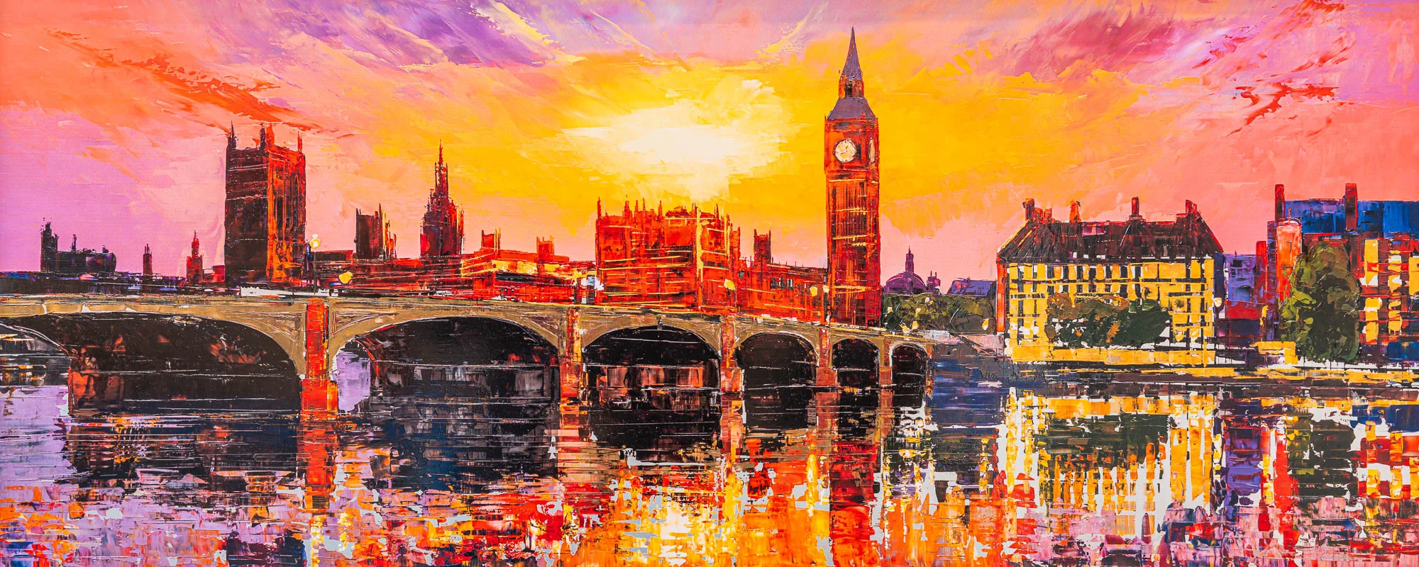 London Ablaze, a limited edition embellished giclée print by Paul Kenton: Big Ben and Westminster Bridge silhouetted against a blazing orange and pink sunset, reflected in the river.
