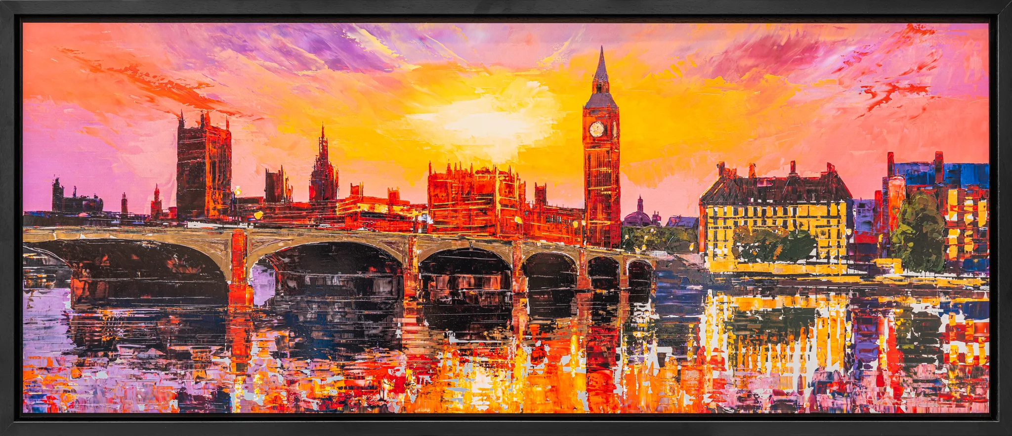 London Ablaze, a limited edition print by Paul Kenton in a black frame: a sunset over the Thames with Big Ben and a bridge silhouetted against orange, pink and gold textured skies.