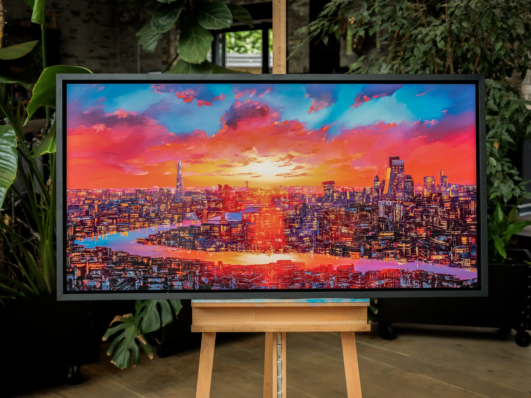 London Embers, a limited edition print by Paul Kenton, framed on a wooden easel among plants, shows a glowing London skyline at sunset.