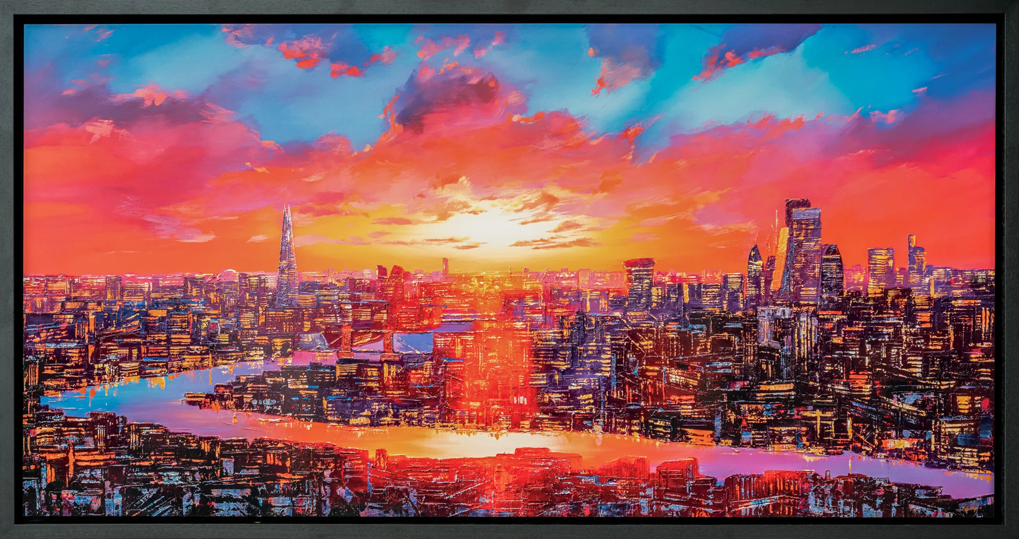 London Embers, a limited edition print by Paul Kenton, shown in a slim black frame: a bold sunset over the London skyline, with the Shard rising on the left and the river glowing orange and pink below.