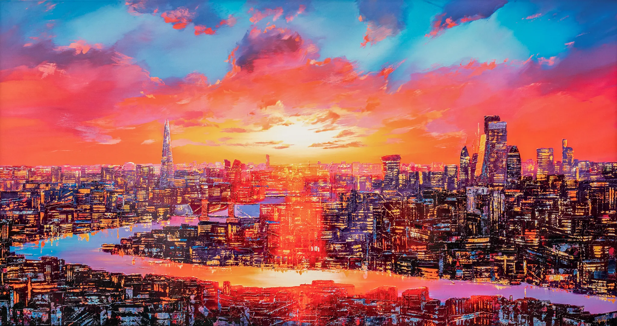 London Embers, a limited edition print by Paul Kenton: a bold, textured London skyline at sunset, the Shard rising on the left beneath fiery orange and blue clouds, with the river reflecting the glow.