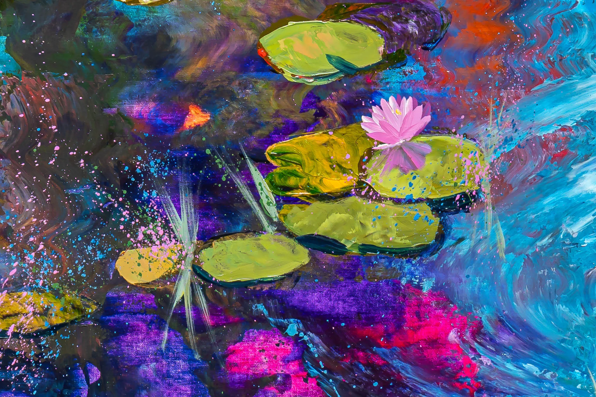 Close-up of Lily Light, a limited edition print by Paul Kenton, showing green lily pads and a pink water lily amid thick, splattered purple, blue and magenta brushwork.